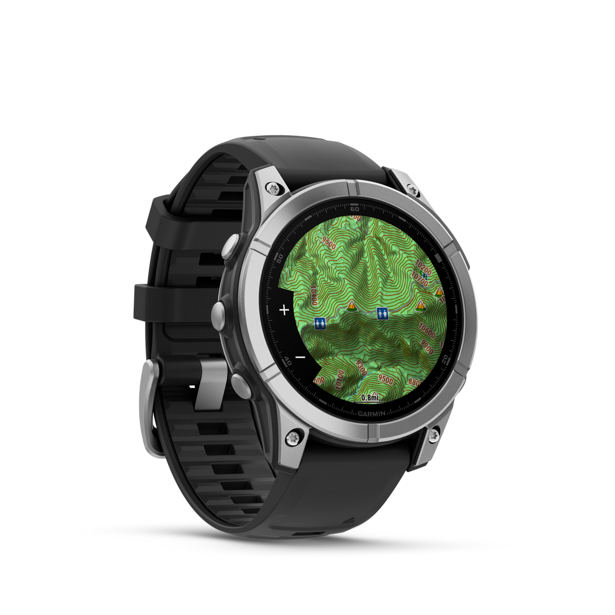 Czarny zegarek Garmin z wyświetlaczem mapy pokazującym warstwice i czarnym paskiem.