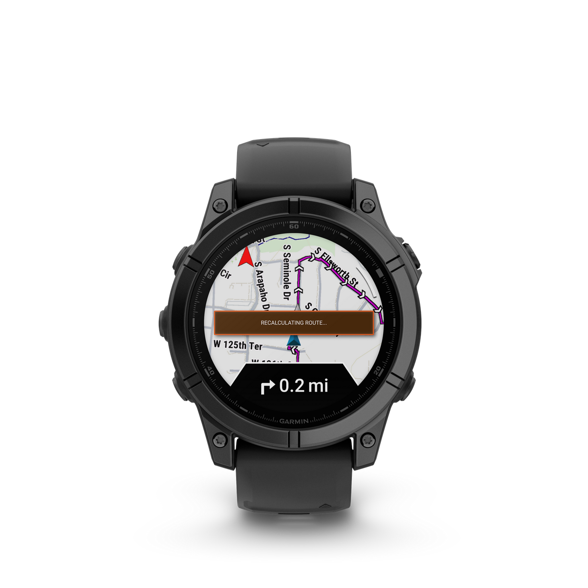 Czarny smartwatch Garmin wyświetlający mapę z komunikatem "Przeliczanie trasy" na czarnym tle.