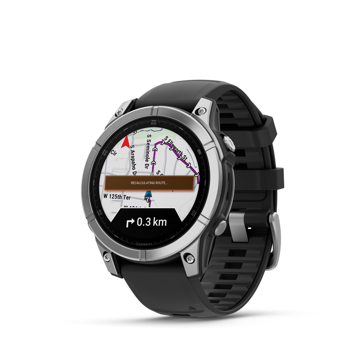 Czarny i srebrny smartwatch Garmin wyświetlający mapę z zaznaczoną trasą.