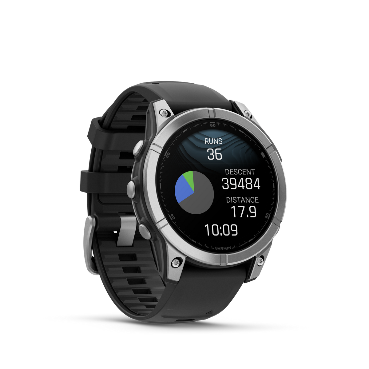 Srebrno-czarny smartwatch Garmin wyświetlający dane fitness, z czarnym paskiem na nadgarstek.