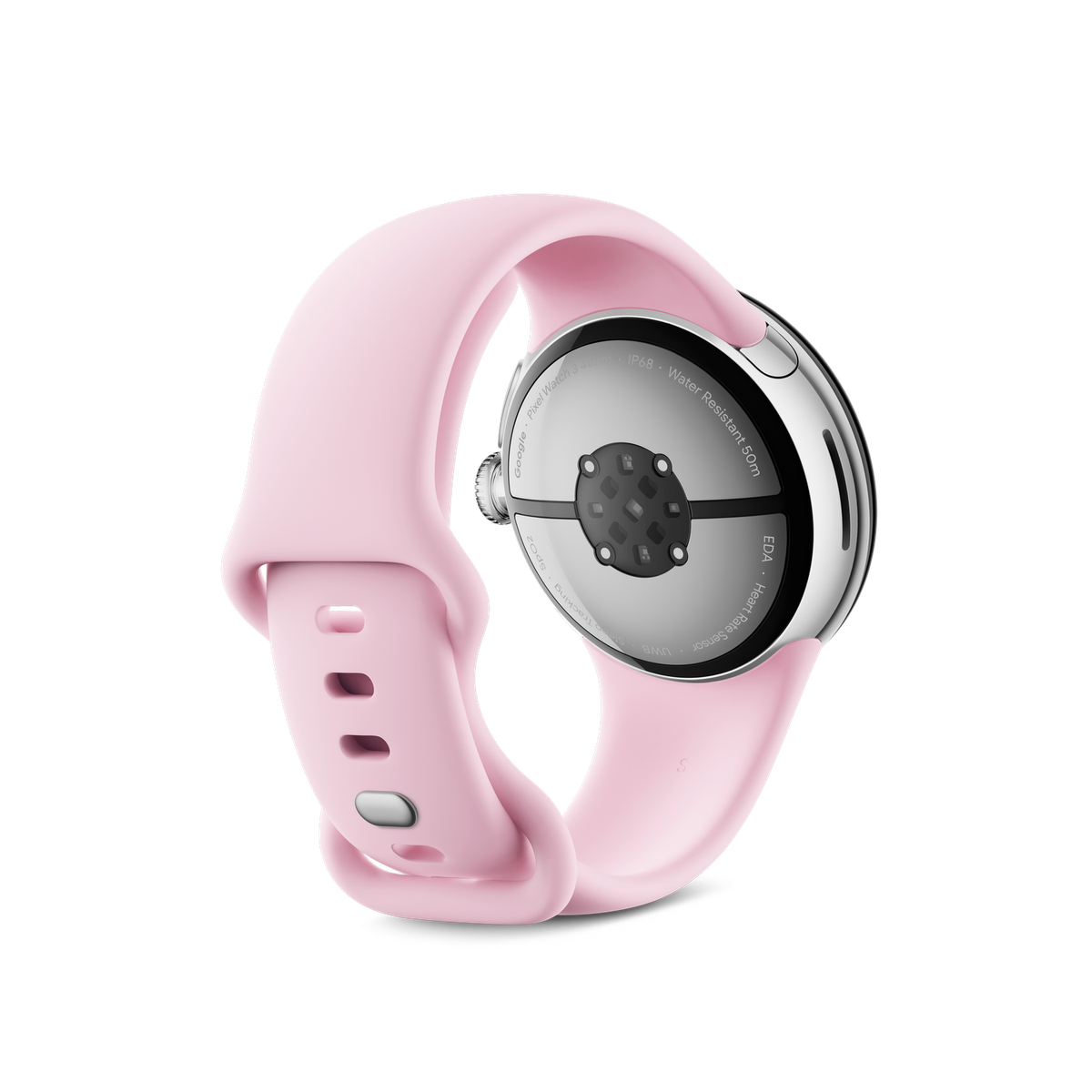 Różowy smartwatch, widok z tyłu, na czarnym tle. Okrągły zegarek z różowym paskiem i srebrnymi detalami.