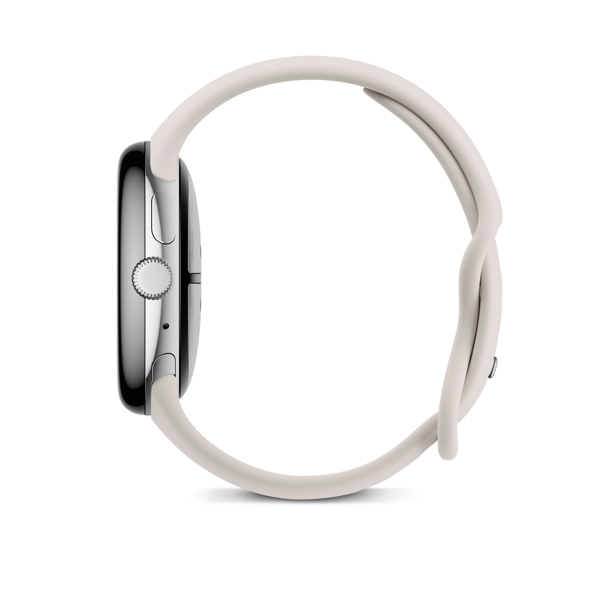 Widok z boku srebrnego smartwatcha z białym paskiem. Pasek jest zakrzywiony i przymocowany do zegarka.