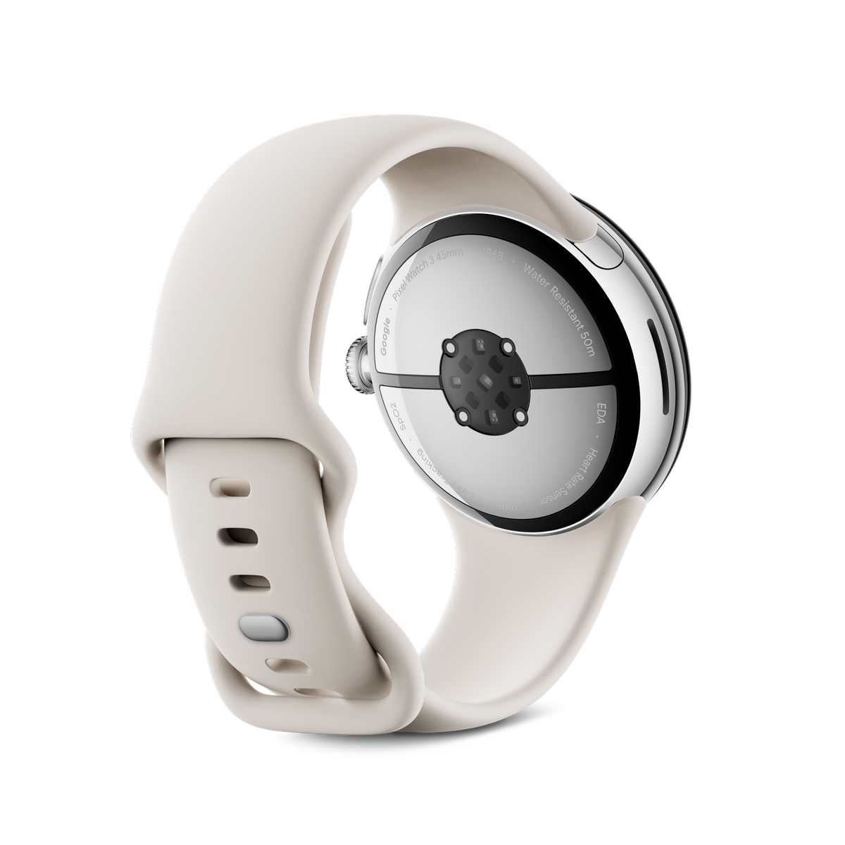 Kremowy zegarek Google Pixel, widok z tyłu, z białym paskiem. Pokazuje czujnik tętna.