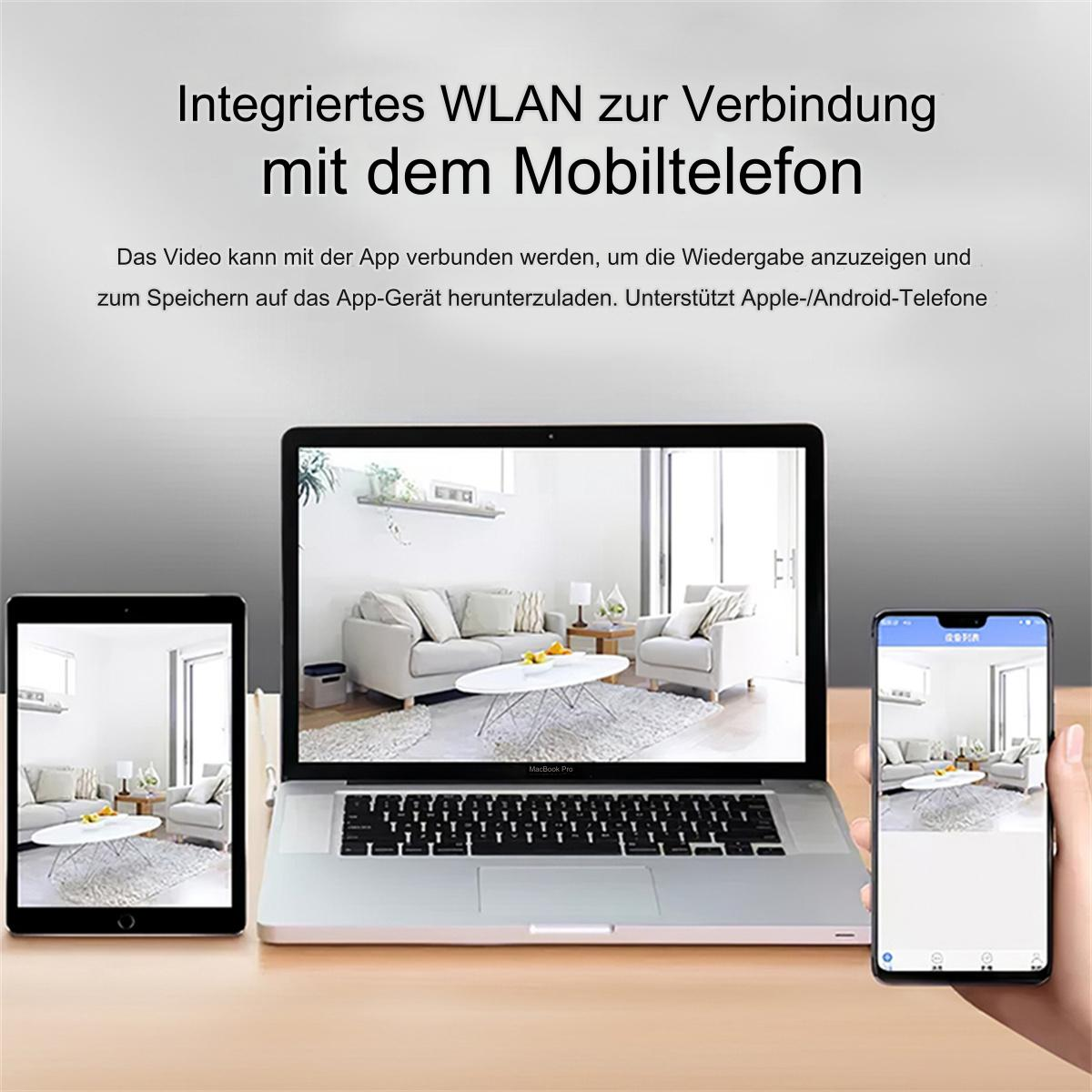 Laptop, Tablet und Telefon auf einem Tisch. Der Laptop zeigt ein Wohnzimmer. Das Bild hat Text.