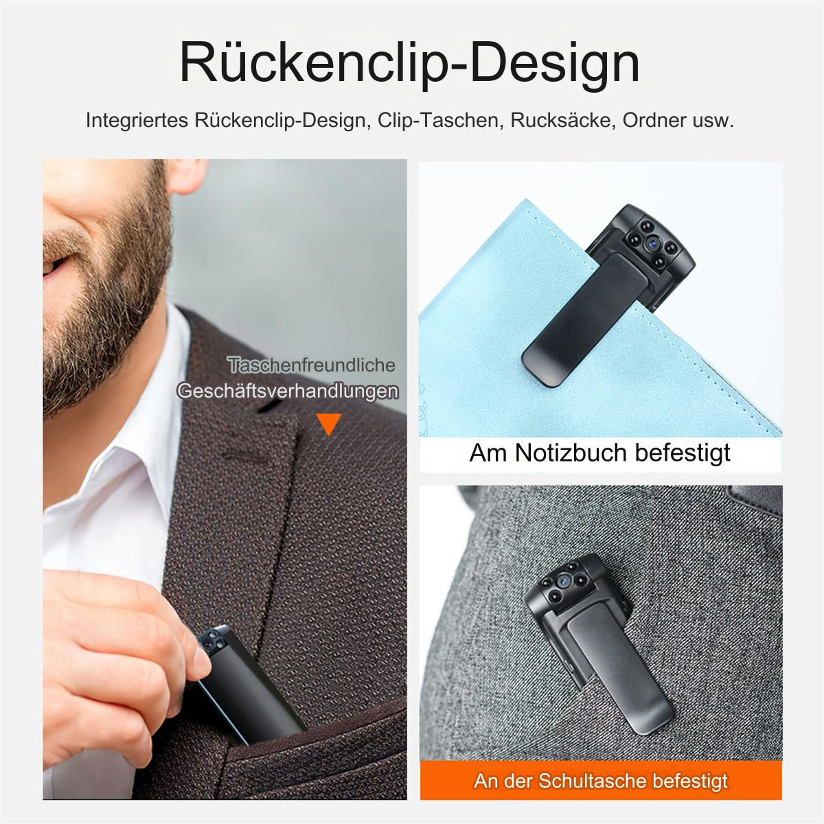 Eine schwarze Kamera, die an einer Tasche, einem Notizbuch und einer Umhängetasche befestigt ist.