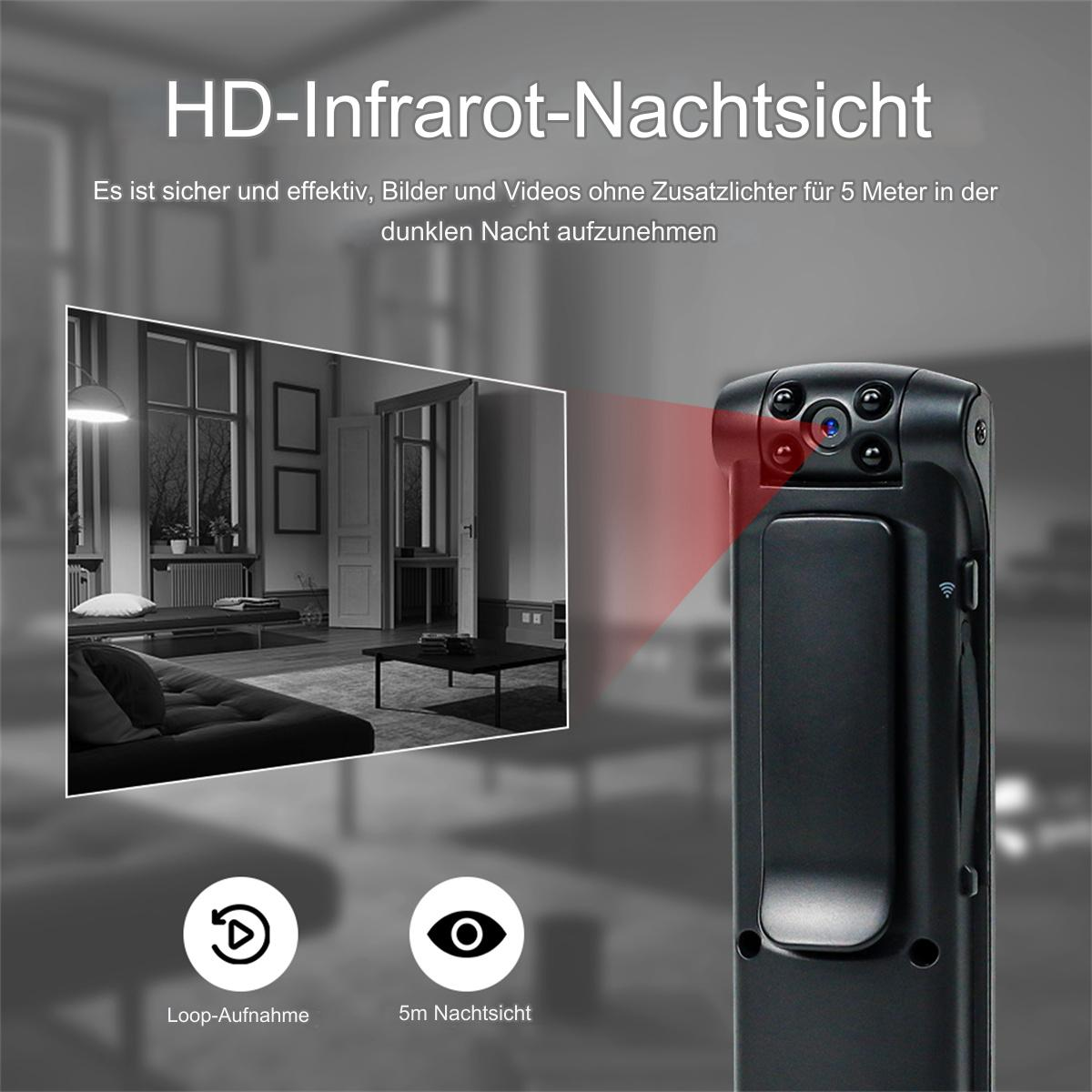 Schwarze Überwachungskamera mit rotem Licht, im Hintergrund ein schwach beleuchteter Raum.