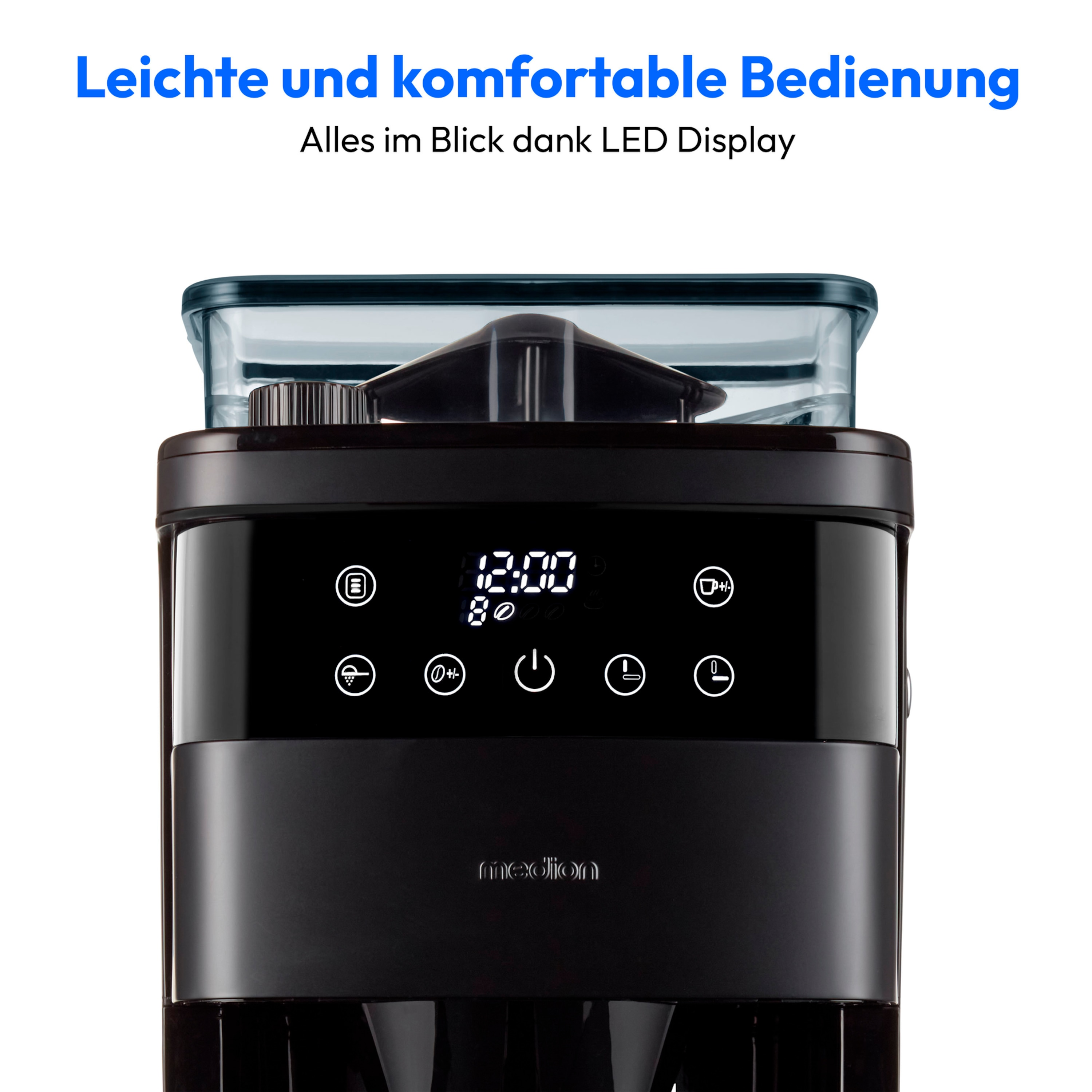 Czarny dozownik karmy dla zwierząt ze wyświetlaczem i przyciskami, ze szklanym pojemnikiem na górze.