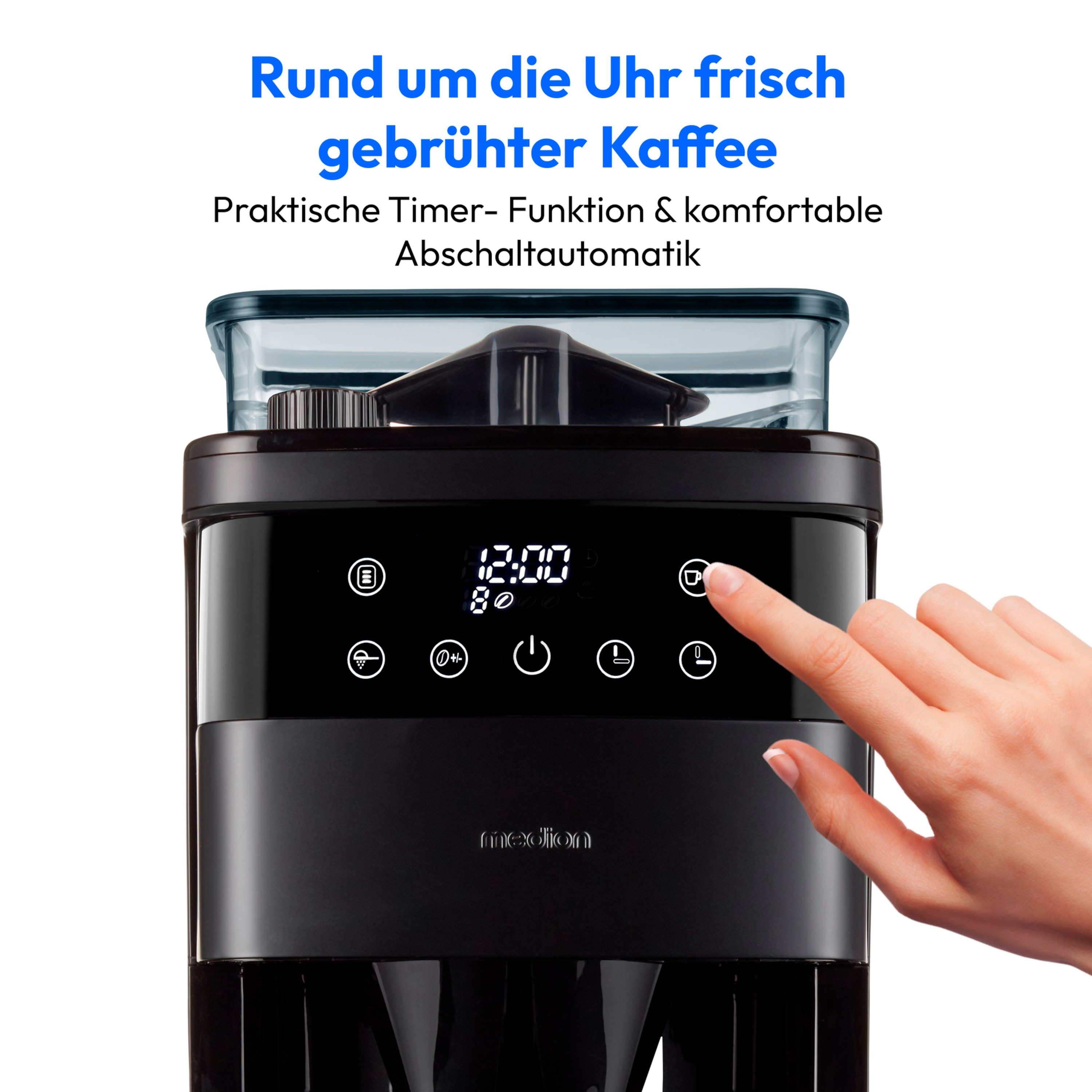 Czarny ekspres do kawy z wyświetlaczem cyfrowym i ręką wskazującą przyciski.