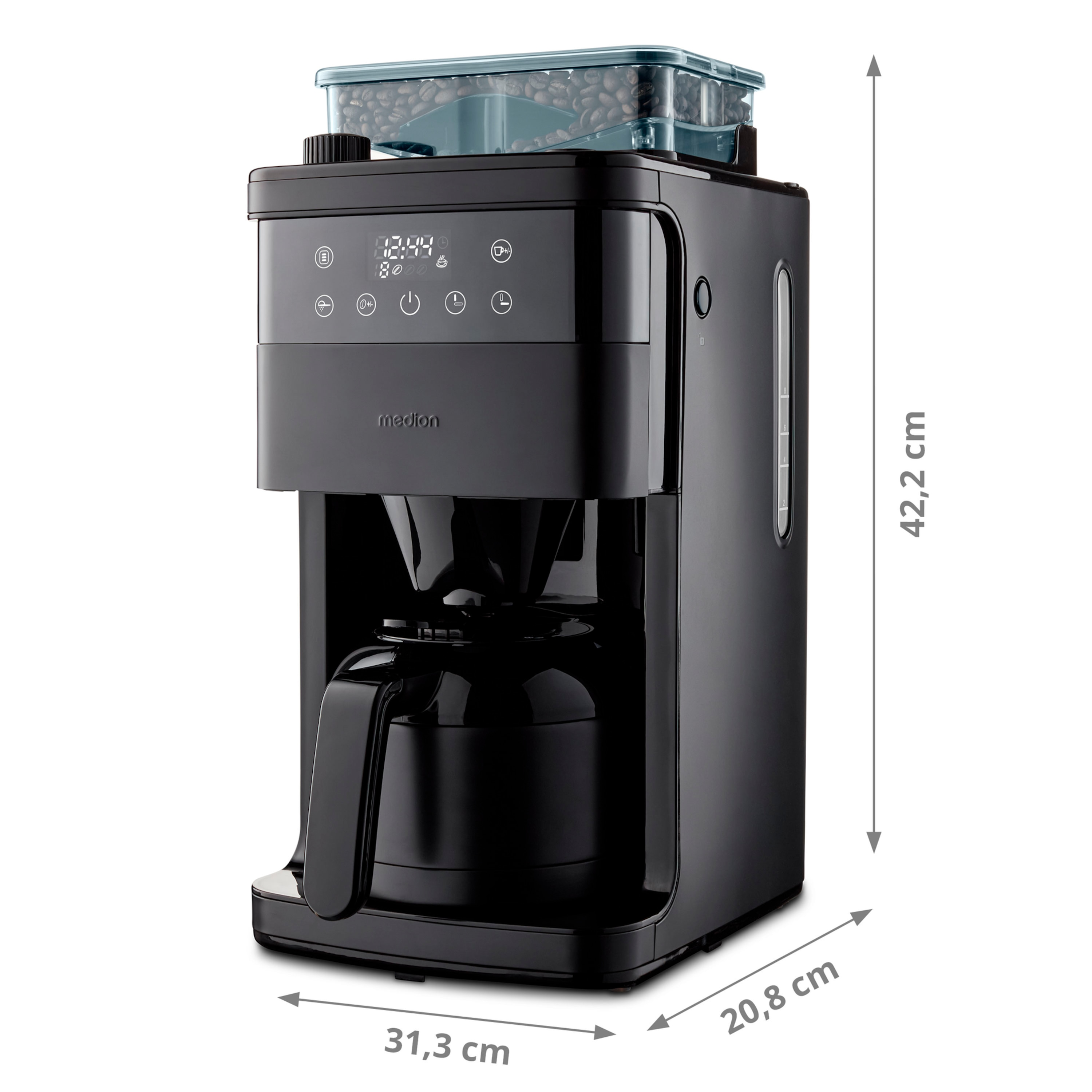 Czarny ekspres do kawy z niebieską pokrywką i wymiarami. Wyświetlacz cyfrowy.