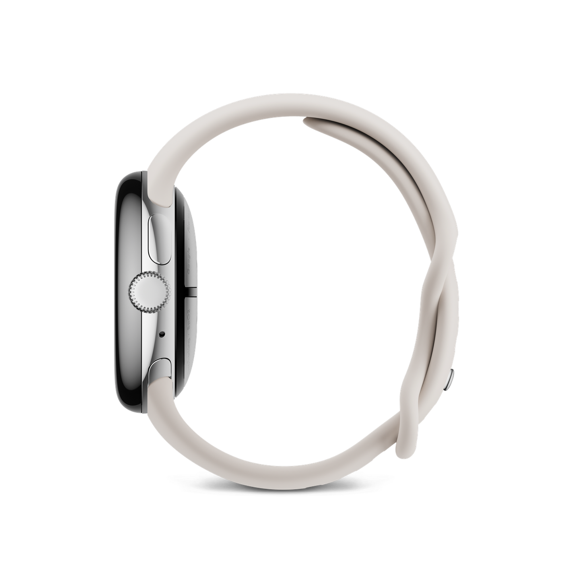 Srebrny smartwatch z białym paskiem, widok z boku. Czarne tło.