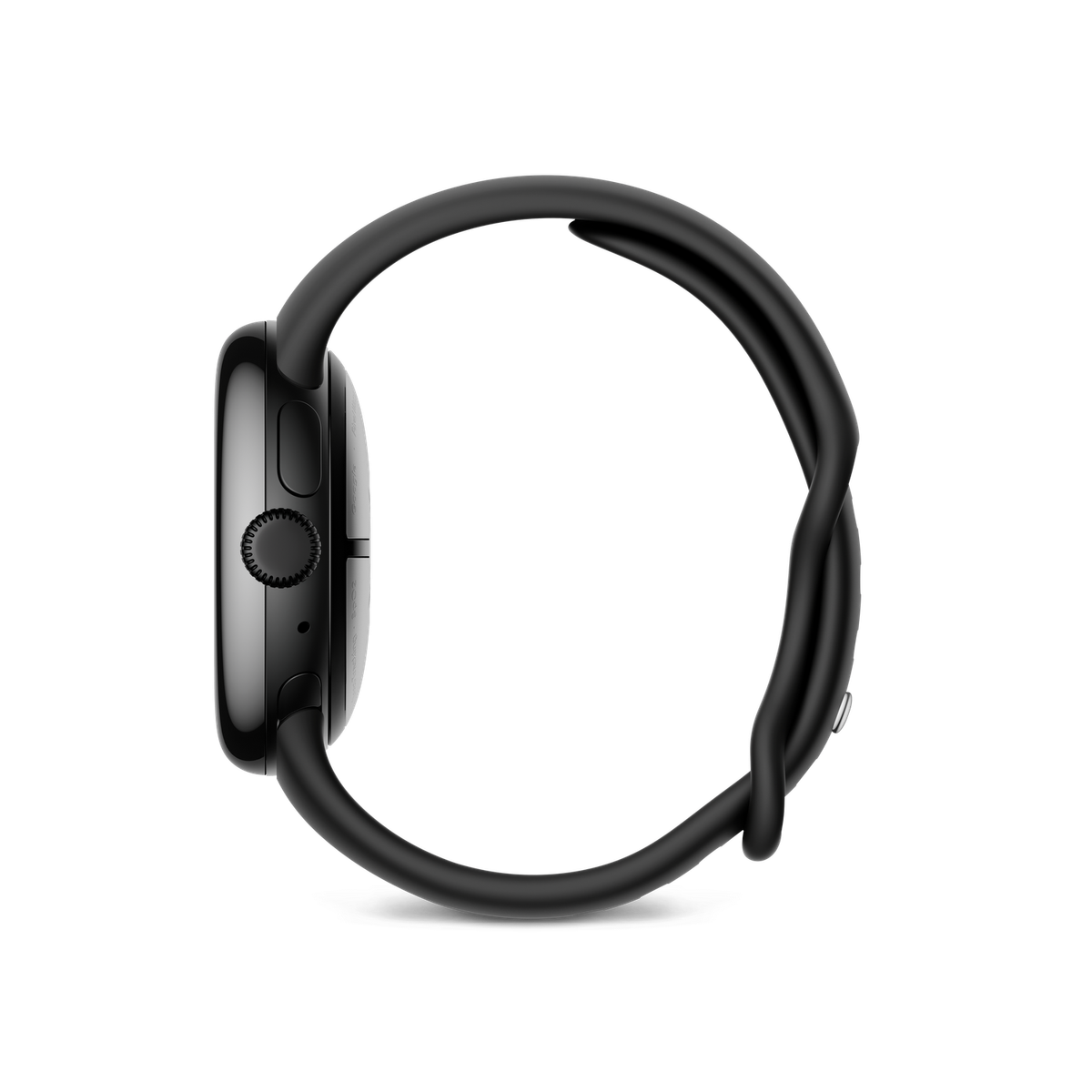 Widok z boku czarnego Apple Watch z czarnym paskiem na czarnym tle.