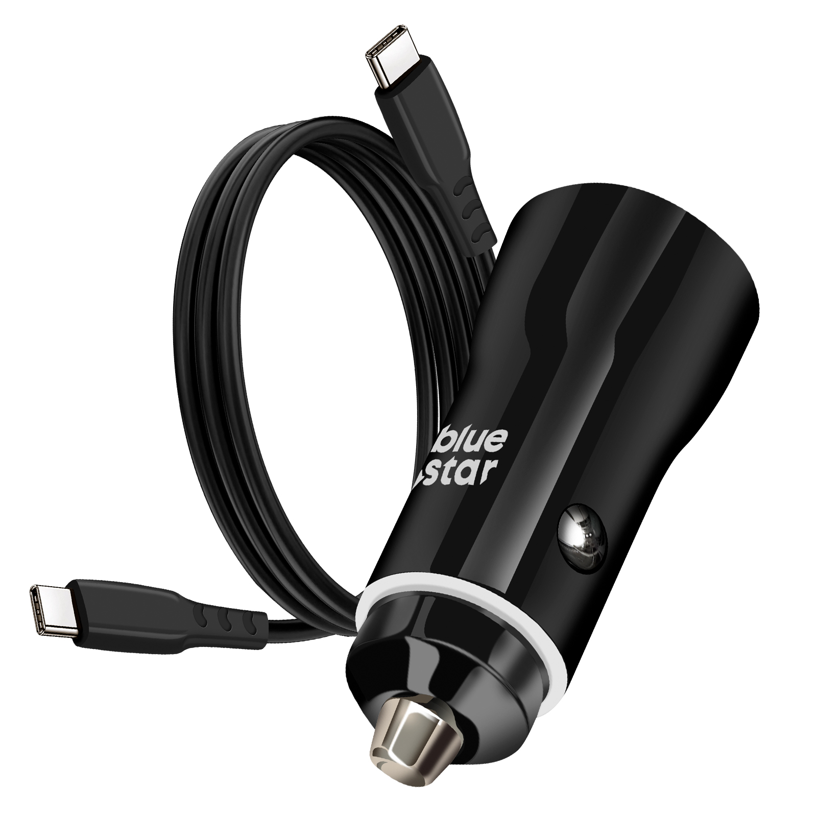Un caricabatterie per auto Blue Star nero con un cavo USB-C. Il caricabatterie ha un anello bianco e una punta argentata. Sfondo bianco.