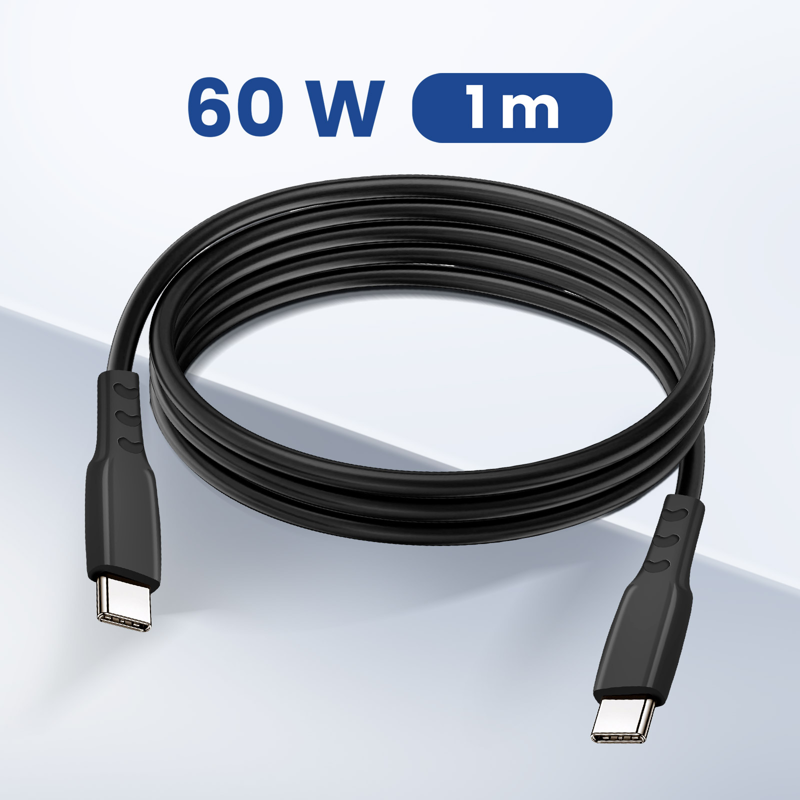 Cavo USB-C nero, 1m, 60W, arrotolato su superficie bianca. Il testo indica potenza e lunghezza.