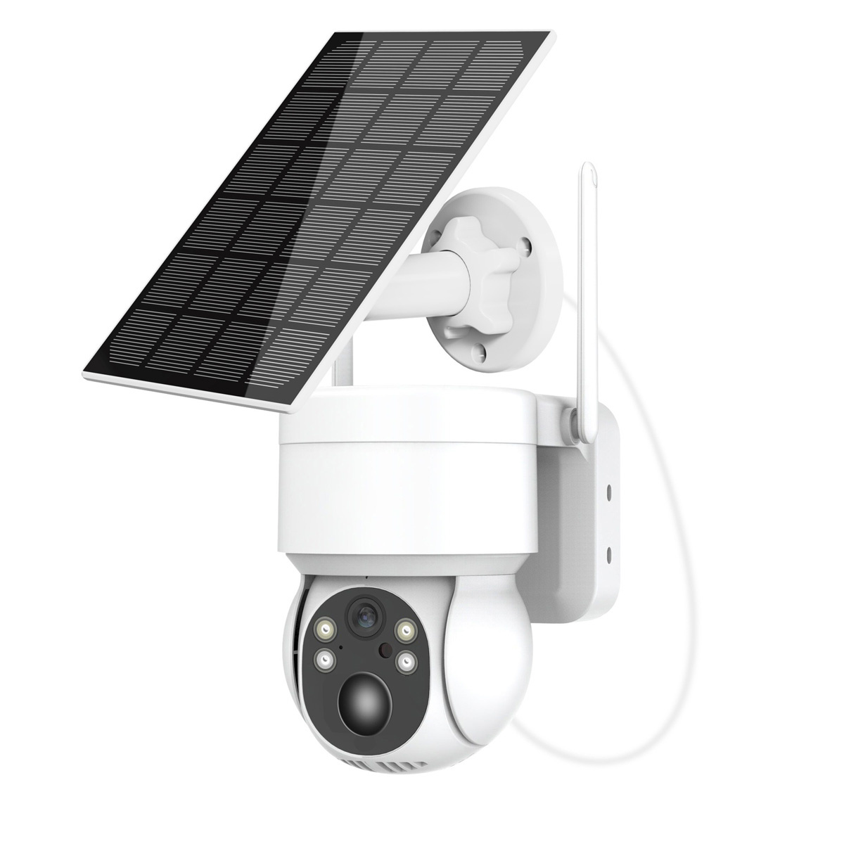Weiße Überwachungskamera mit Solarpanel. Es hat Antennen und ist montiert.