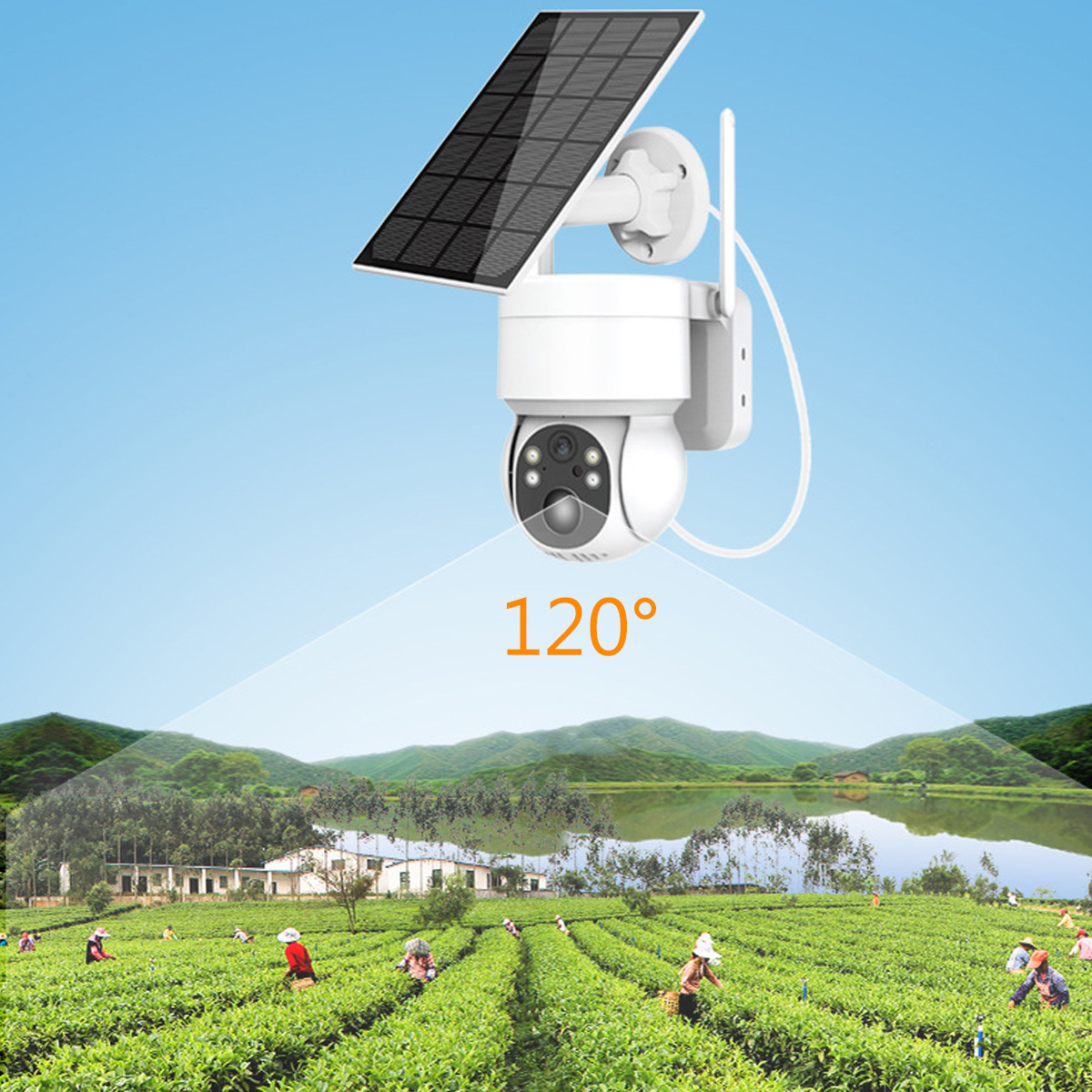 Weiße Überwachungskamera mit Solarpanel, grünes Feld mit Arbeitern, blauer Himmel.