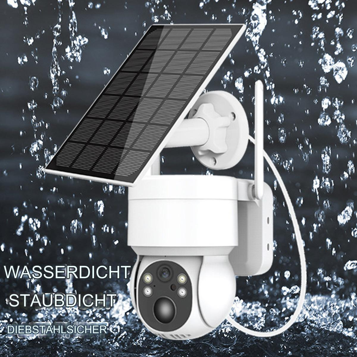 Weiße Überwachungskamera mit Solarpanel, umgeben von Wassertröpfchen.