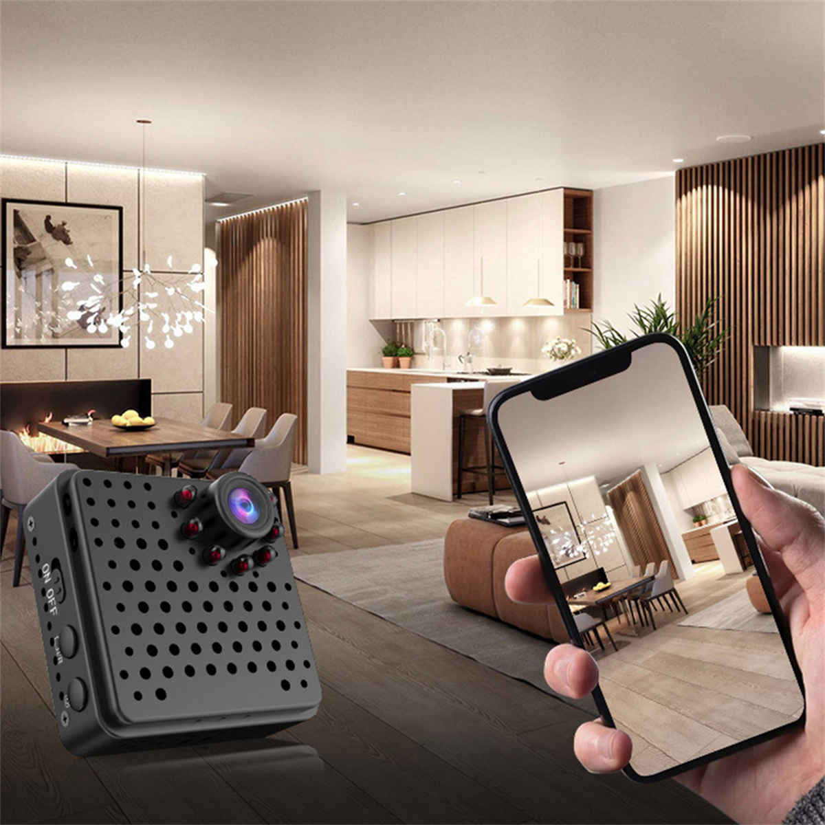 Kleine schwarze Überwachungskamera und Telefon, das denselben Raum zeigt. Modernes, gut beleuchtetes Apartment.