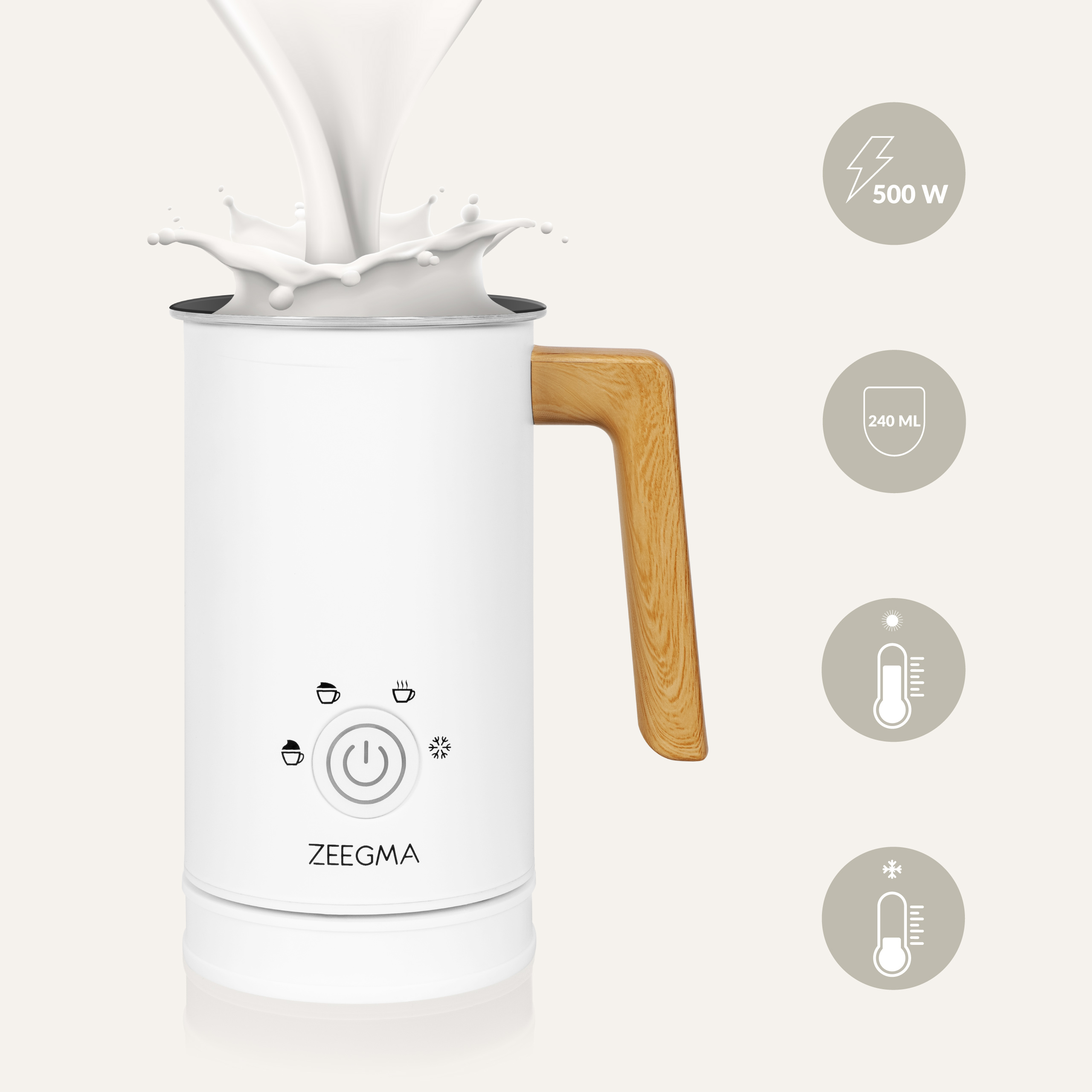 Biały spieniacz do mleka z drewnianym uchwytem. Mleko wlewa się od góry. Ikony zasilania, filiżanki i płatka śniegu. Tło jasnobeżowe.