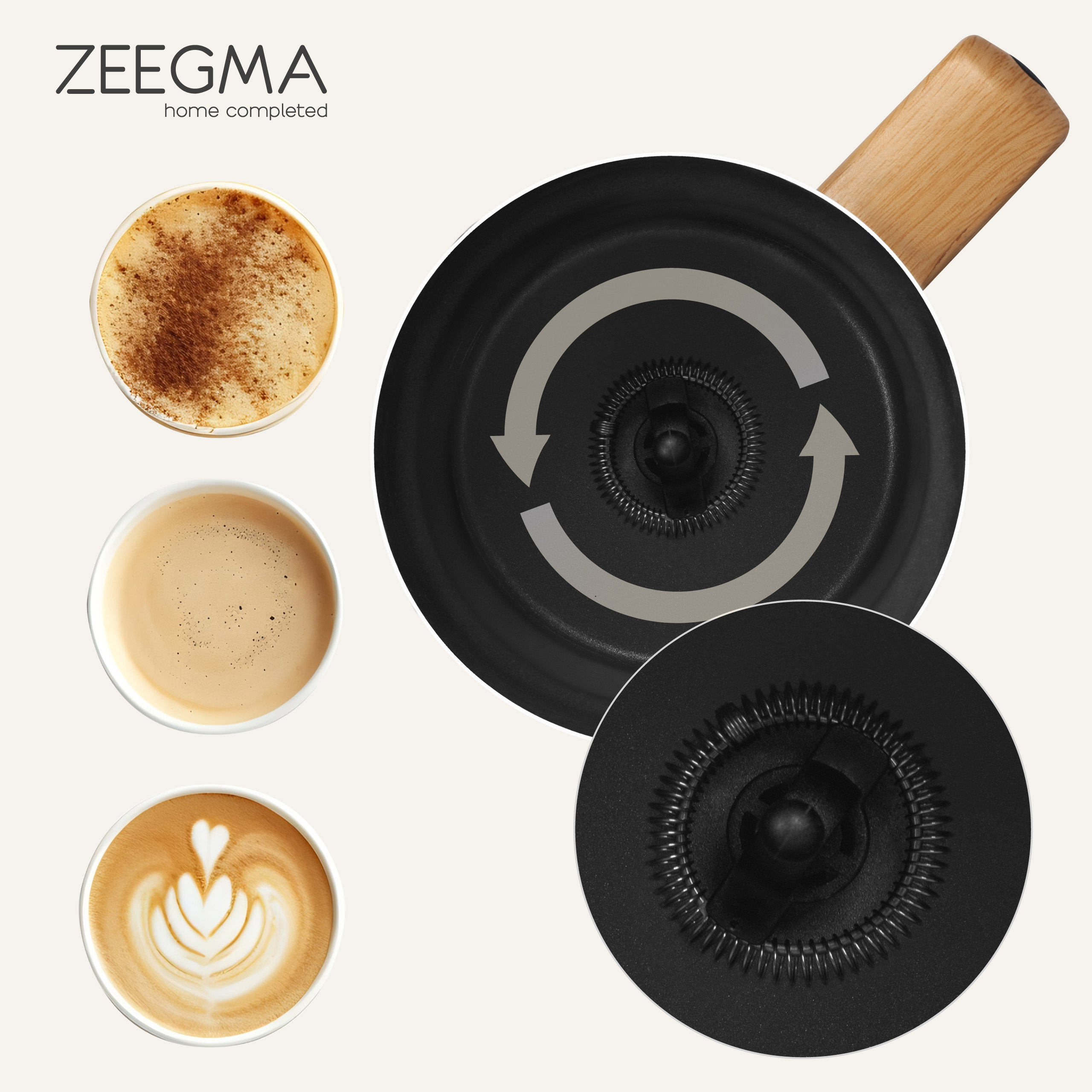 Sztuka kawy: trzy filiżanki z latte art i spieniacz do mleka. Spieniacz znajduje się na środku obrazu.