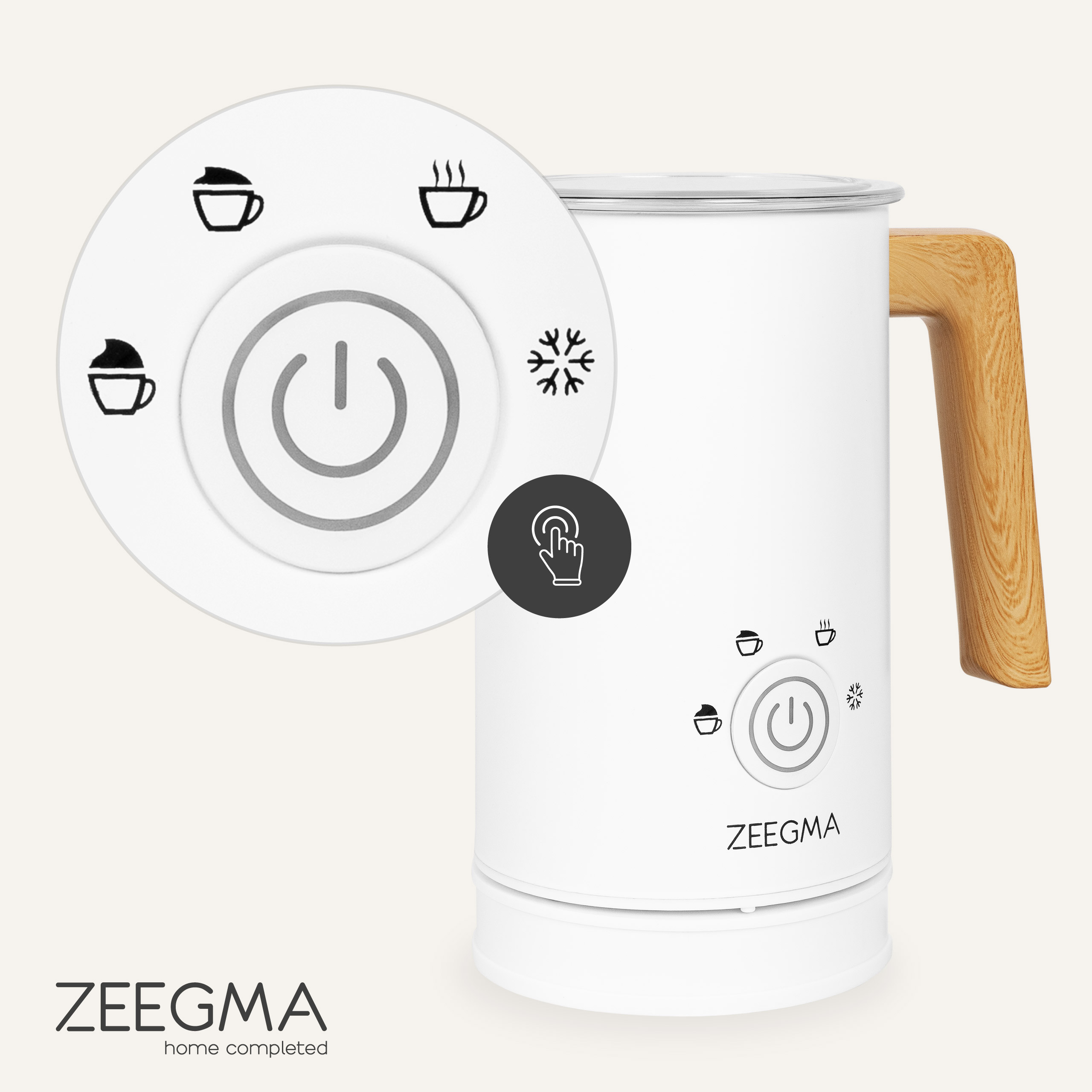 Biały elektryczny spieniacz do mleka z drewnianym uchwytem. Zbliżenie pokazuje panel sterowania.