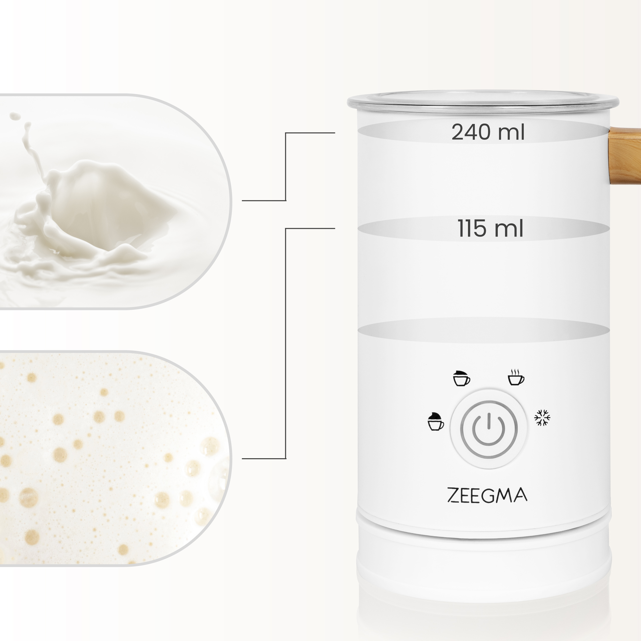 Biały spieniacz do mleka ze wskaźnikami poziomu oraz ilustracjami kropli i piany mlecznej.