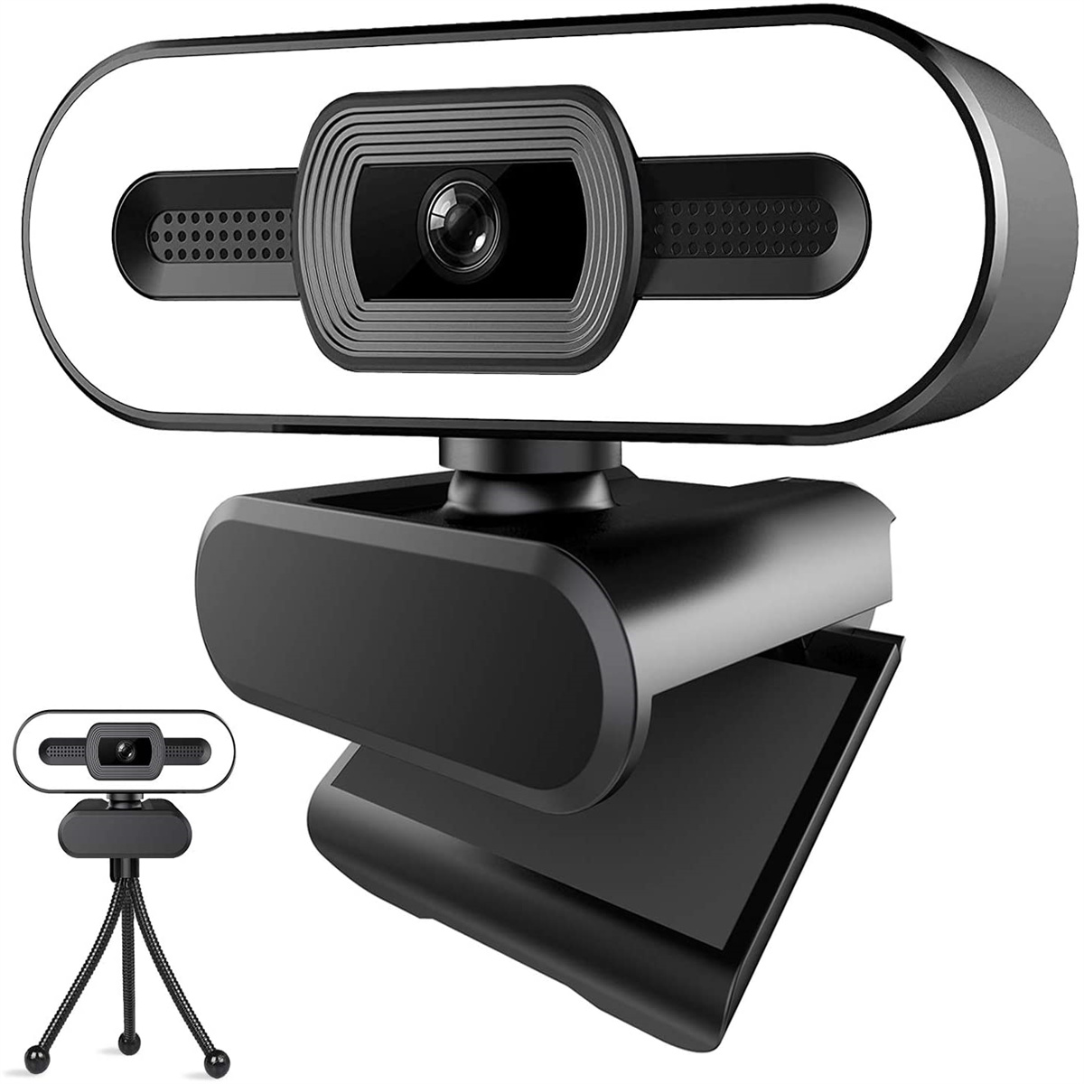 Schwarze Webcam mit integriertem Licht und kleinem Stativ.