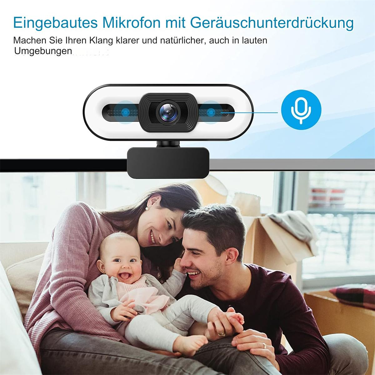 Eine Familie mit Baby sitzt vor einer Webcam. Text erwähnt das Mikrofon.