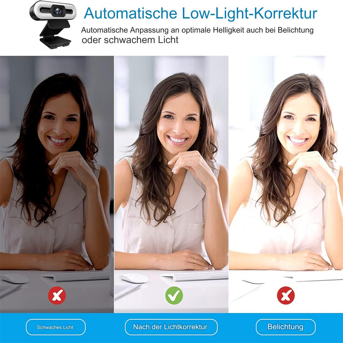 Drei Fotos einer Frau, die eine Low-Light-Korrektur veranschaulichen. Eines mit schlechter Beleuchtung.