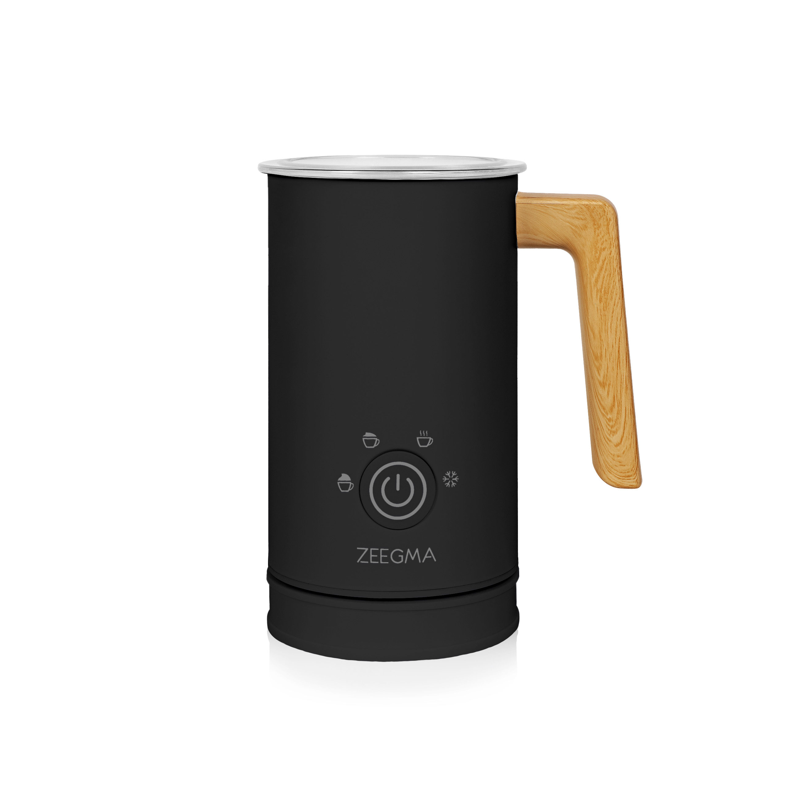 Czarny spieniacz do mleka z drewnianym uchwytem, z przyciskami sterowania i marką Zeegma.