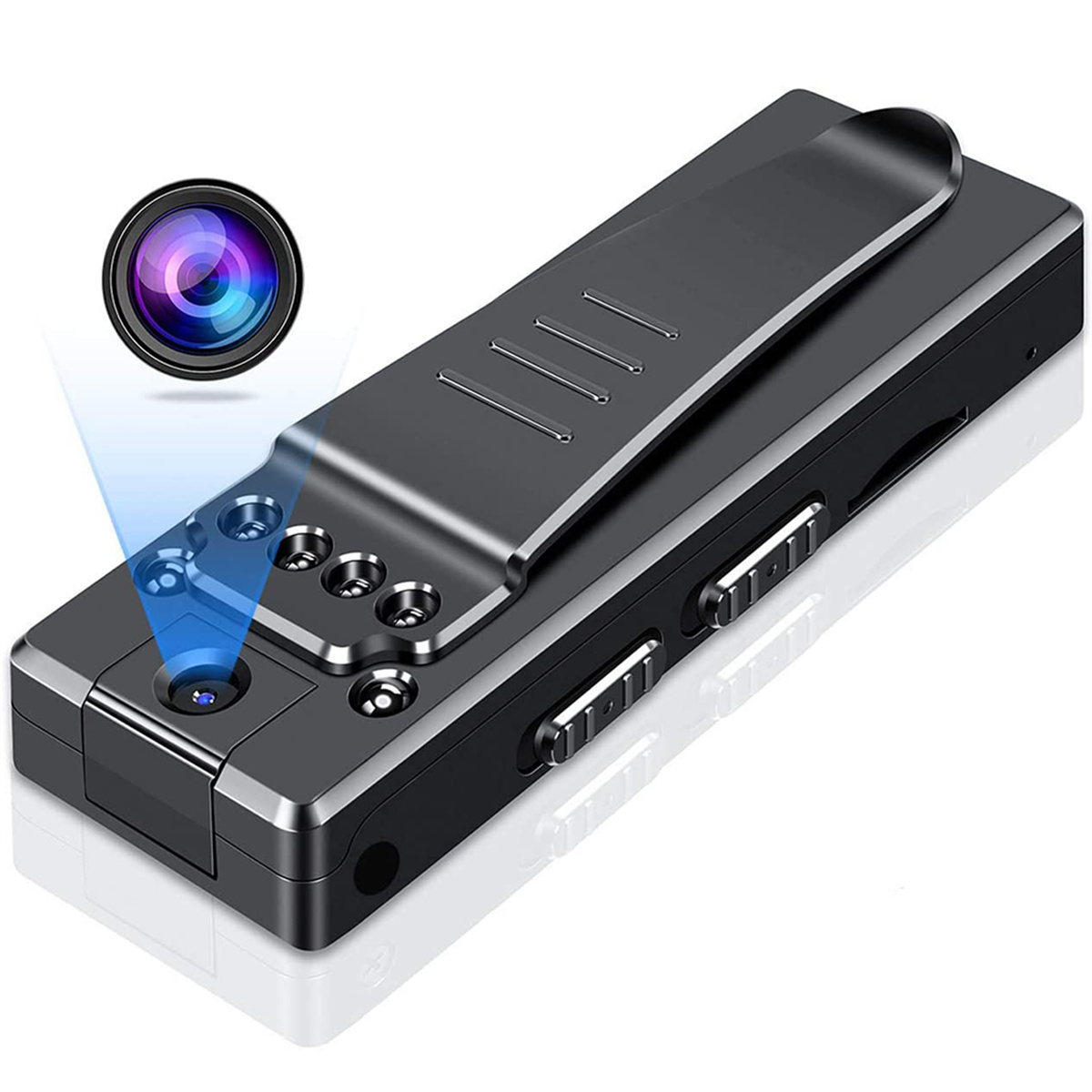 Eine kleine, schwarze Spionagekamera mit Clip. Blaues Licht scheint aus der Linse.