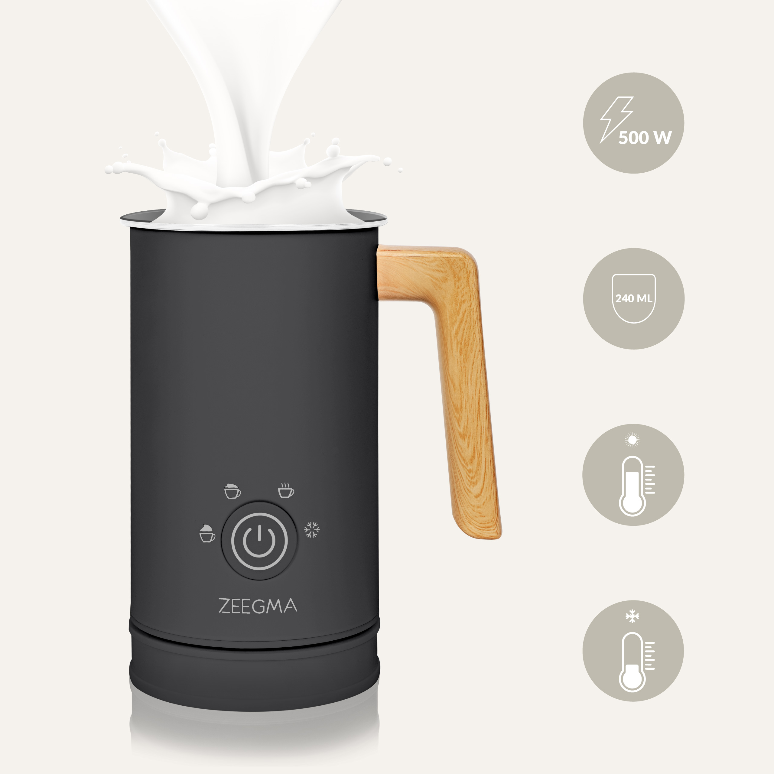 Czarny spieniacz do mleka z drewnianym uchwytem, wlewa się do niego mleko. Ikony wskazują moc, temperaturę i pojemność.