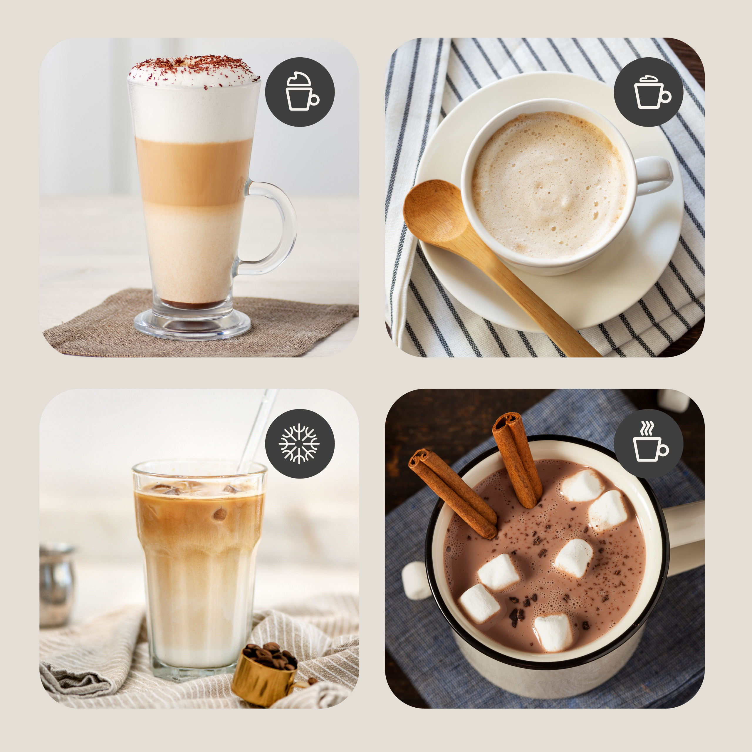 Cztery obrazy napojów kawowych: latte, cappuccino, kawa mrożona i gorąca czekolada z piankami.