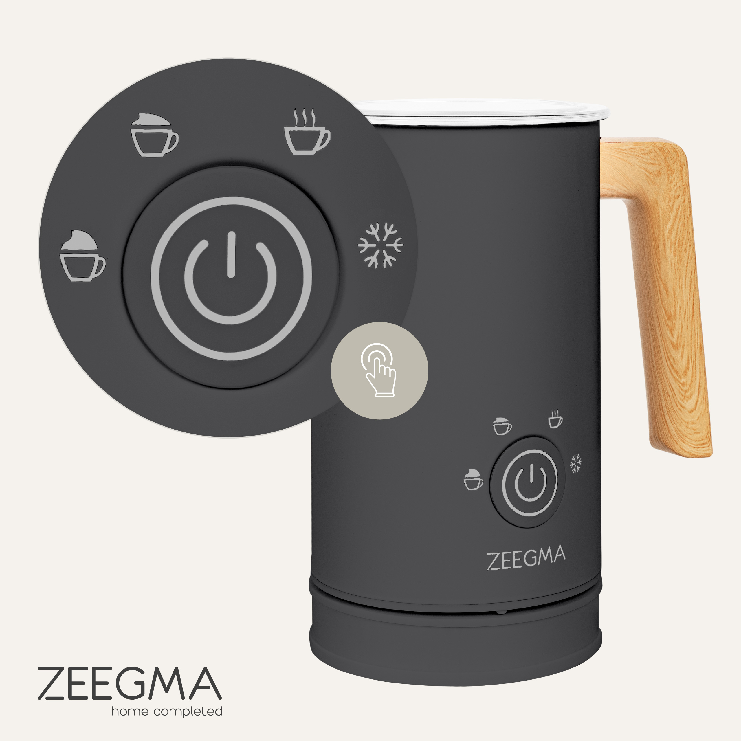 Ciemnoszary spieniacz do mleka z drewnianym uchwytem i panelem przycisków dla różnych opcji kawy.