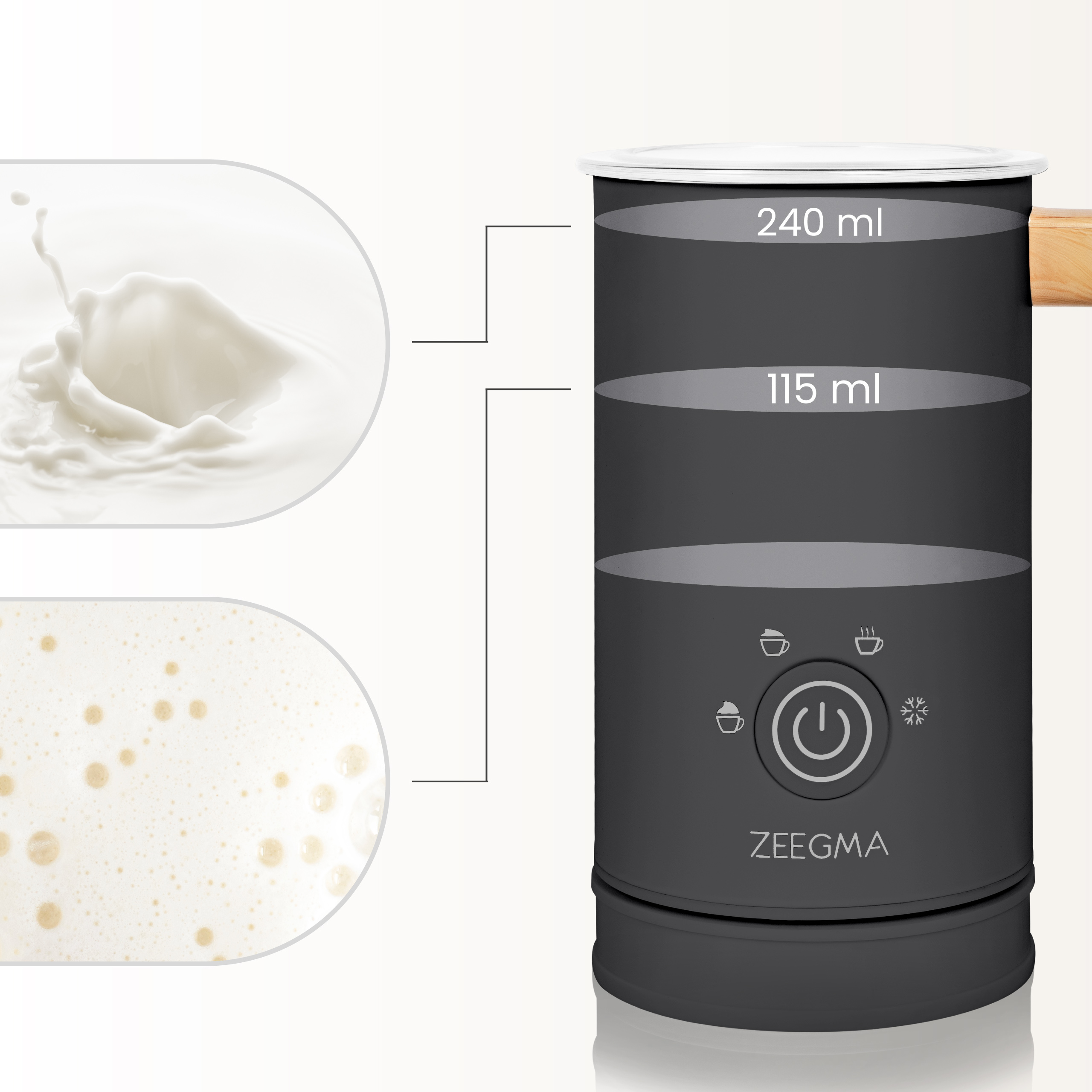 Czarny spieniacz do mleka, z rozpryskami mleka i próbkami piany. Tekst: Zeegma, z zaznaczonymi poziomami pojemności.