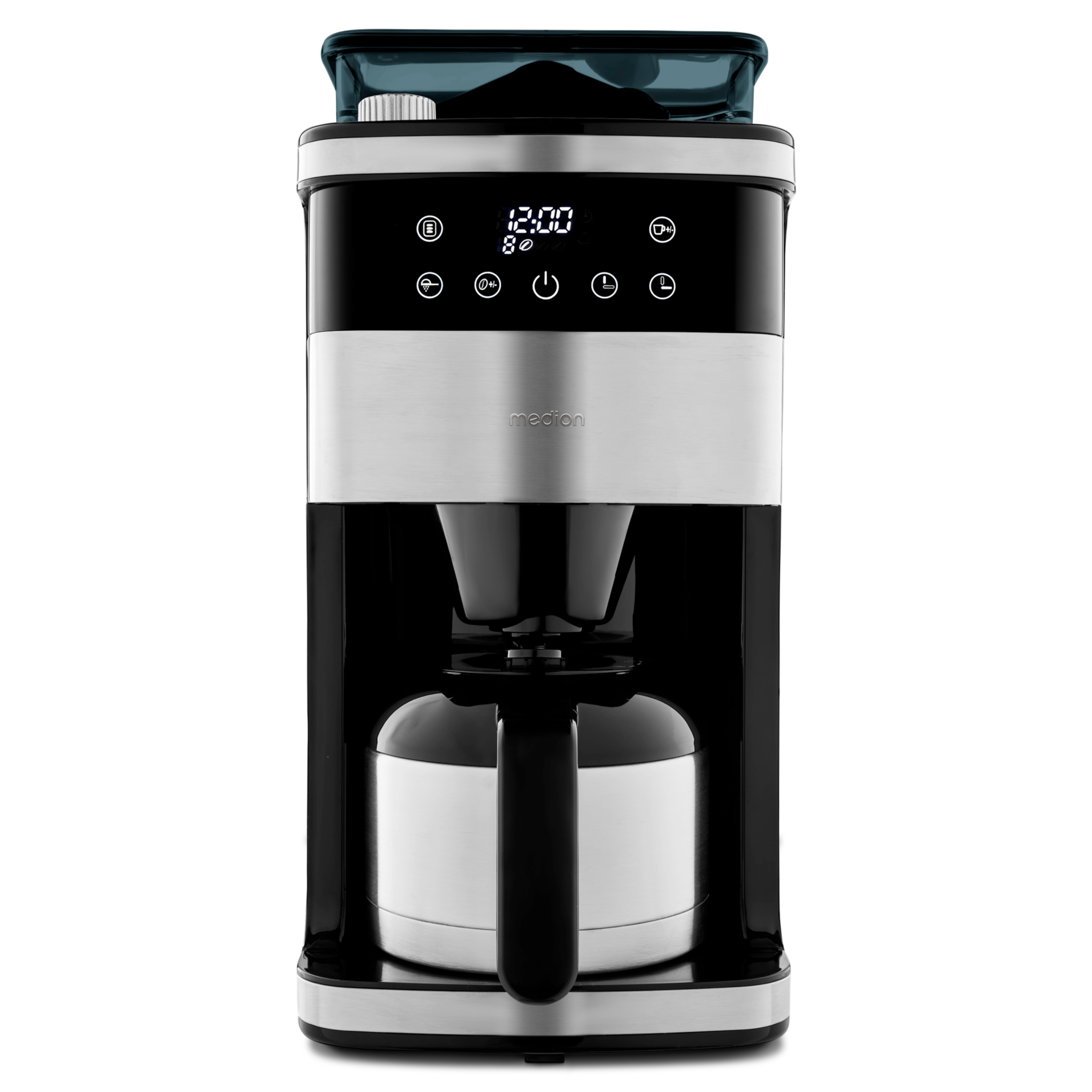 Czarno-srebrny ekspres do kawy z wyświetlaczem cyfrowym. Marka to Medion. Białe tło.