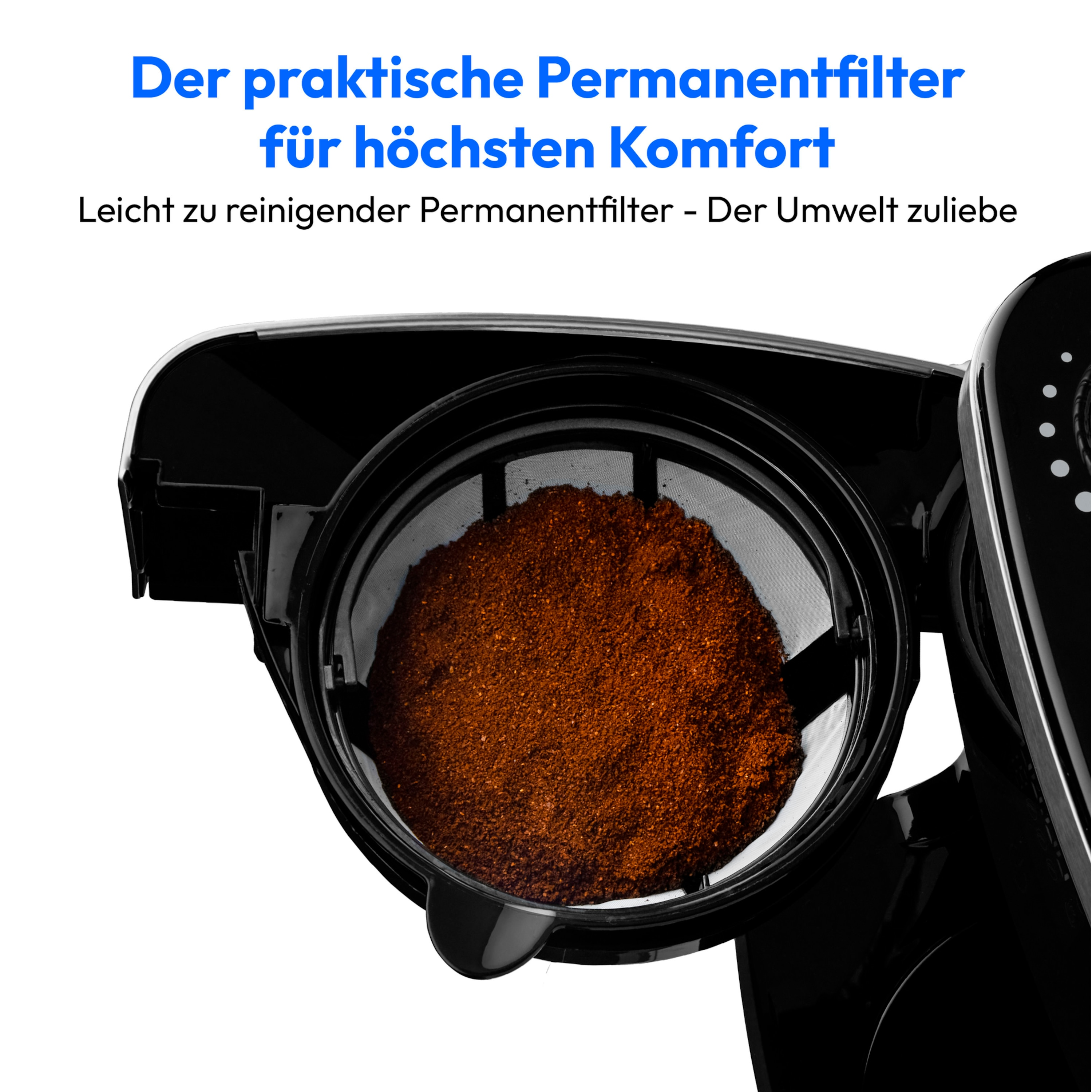 Filtr ekspresu do kawy z fusami. Czarna maszyna. Brązowa kawa. Białe tło.