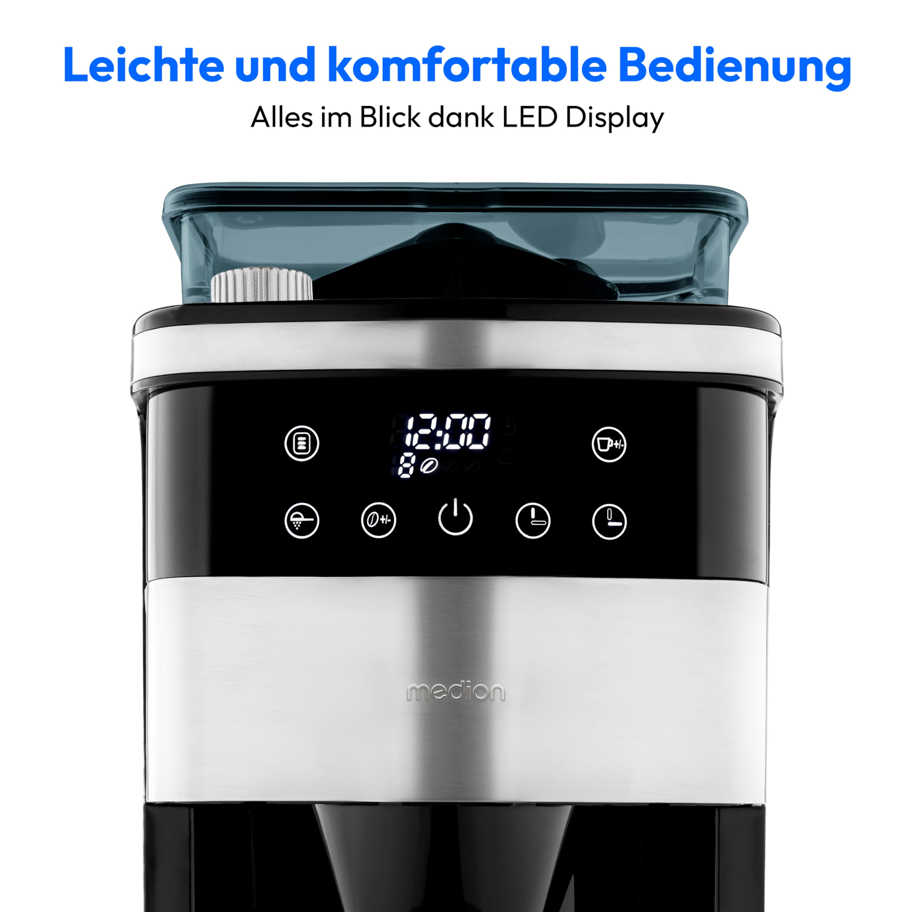 Ekspres do kawy z cyfrowym wyświetlaczem czasu. Tekst: 'Łatwa i wygodna obsługa'.