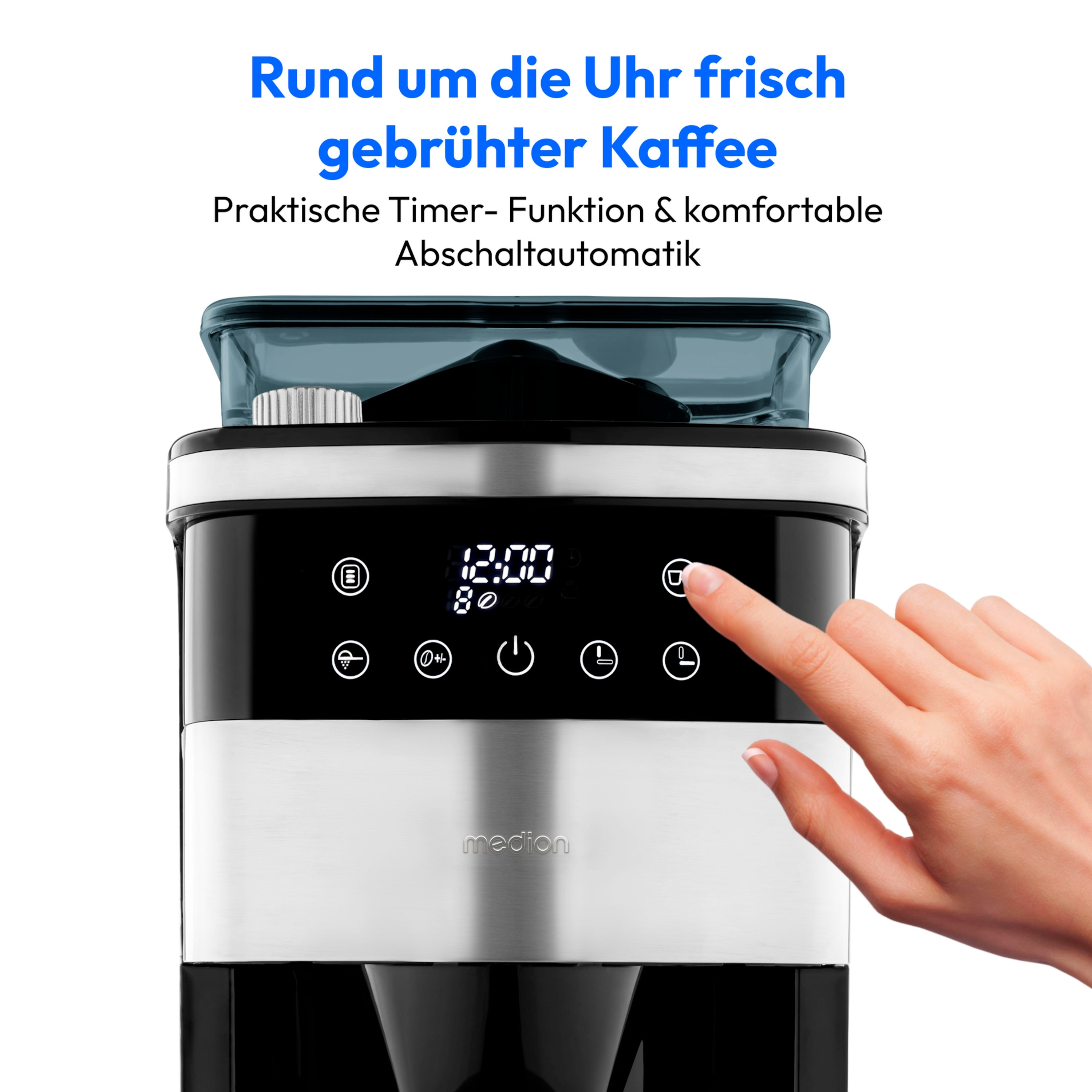 Ekspres do kawy z ręką dotykającą ekranu dotykowego, pokazujący godzinę 12:00.