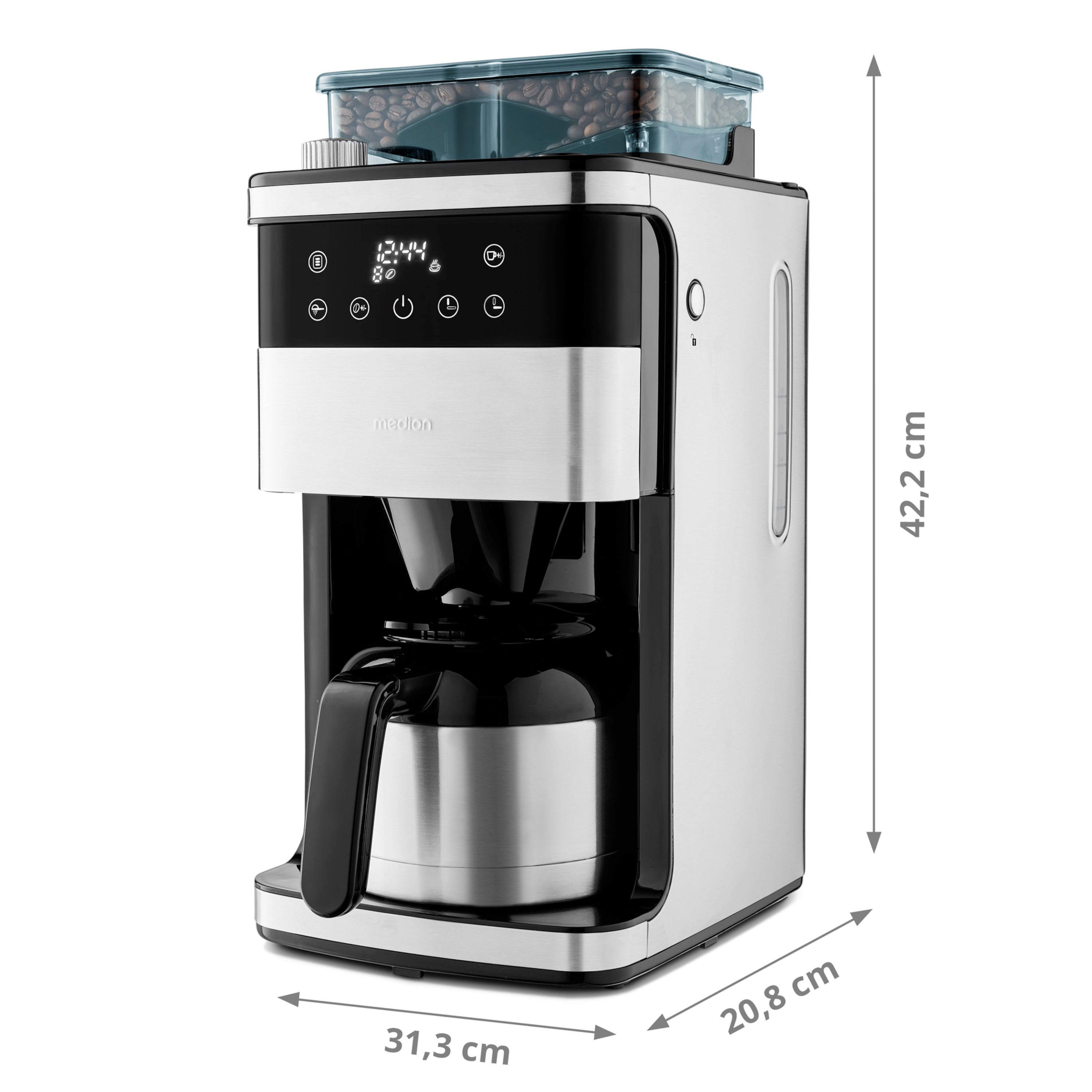 Srebrno-czarny ekspres do kawy z pojemnikiem na ziarna u góry i wymiarami.