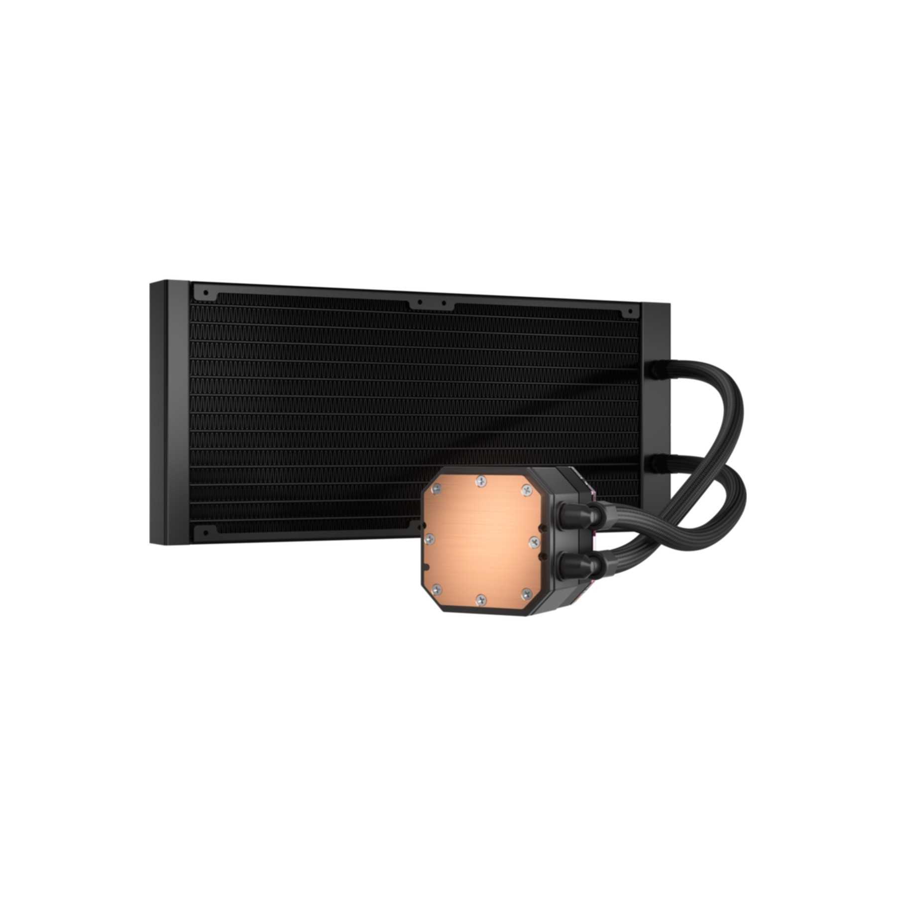 Schwarzer Radiator mit kupferfarbenem Block und Schläuchen, für Kühlsystem.