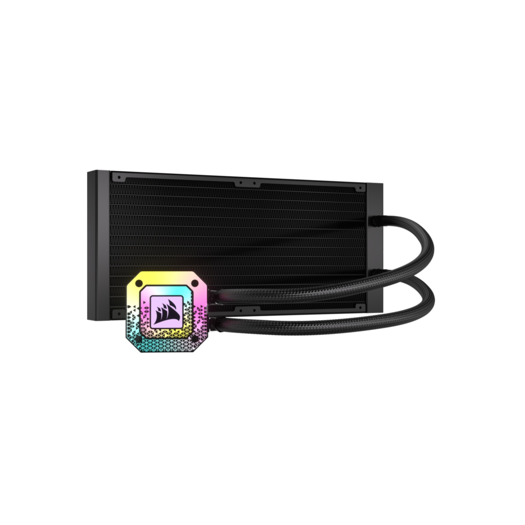 Schwarzer Computer-Flüssigkeitskühler mit RGB-Beleuchtung, Schläuchen und einem Logo. Weißer Hintergrund.