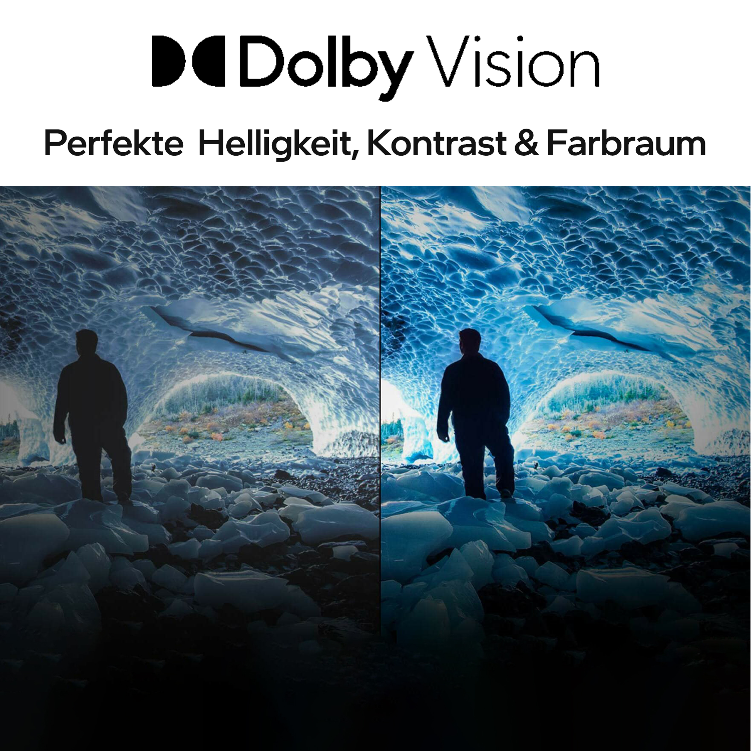 Imagen comparativa de dos escenas, mostrando el brillo, contraste y gama de colores mejorados de Dolby Vision.