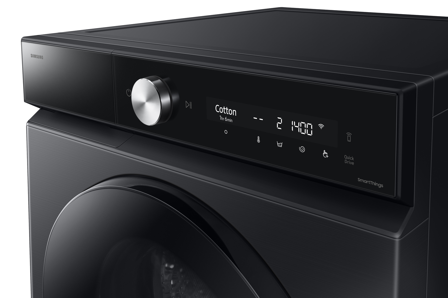 Czarny panel sterowania pralki z pokrętłem i wyświetlaczem ustawień.