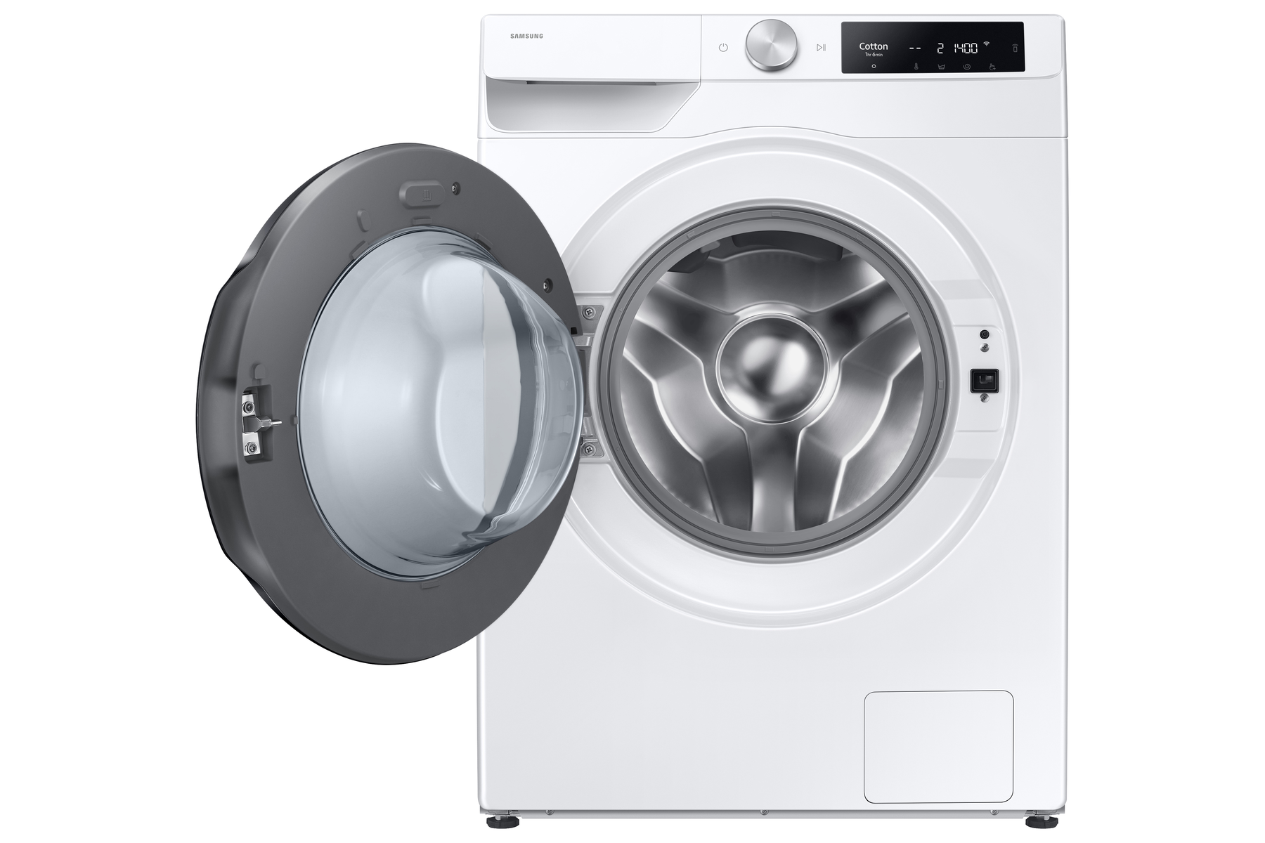 Biała pralka z otwartymi drzwiami, odsłaniająca bęben. Białe tło. Widok z przodu.