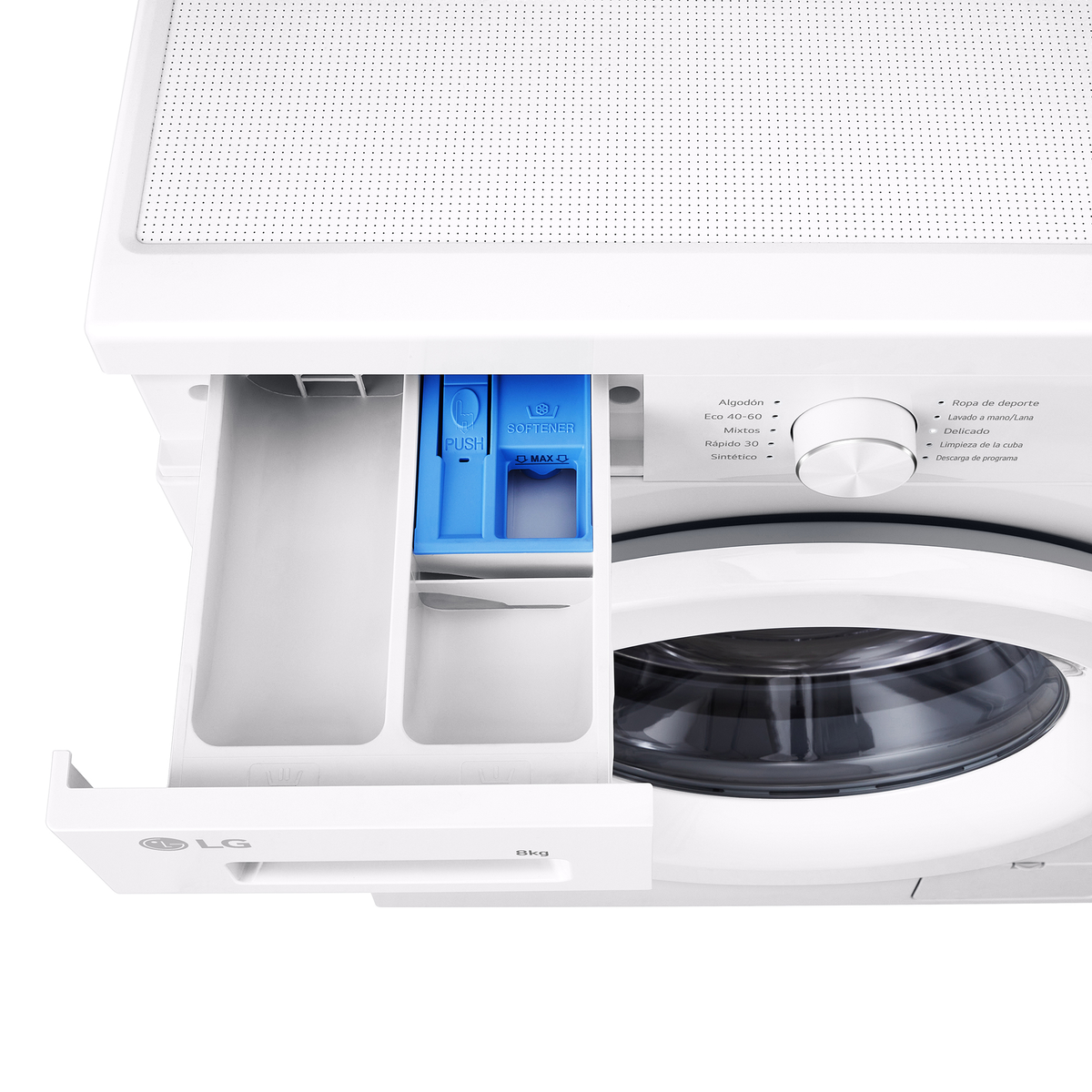 Un cassetto di una lavatrice bianca è aperto, con scomparti blu per il detersivo.