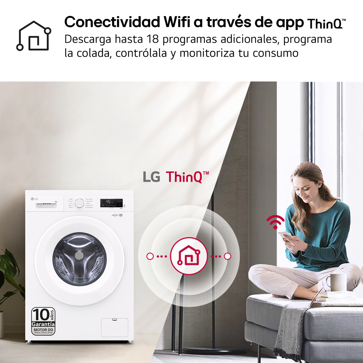 Lavatrice con una donna che usa uno smartphone, con testo e un logo.
