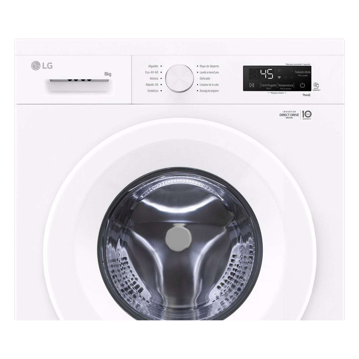 Lavatrice LG bianca con porta e pannello comandi neri. Pulsanti e display visibili.
