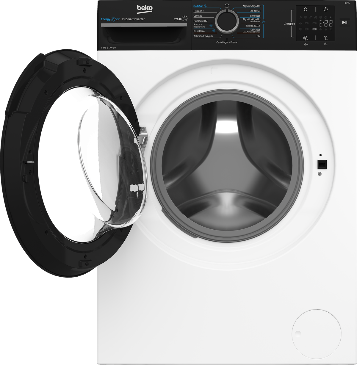 Una lavatrice Beko bianca con porta aperta, pannello di controllo e telaio della porta nero.