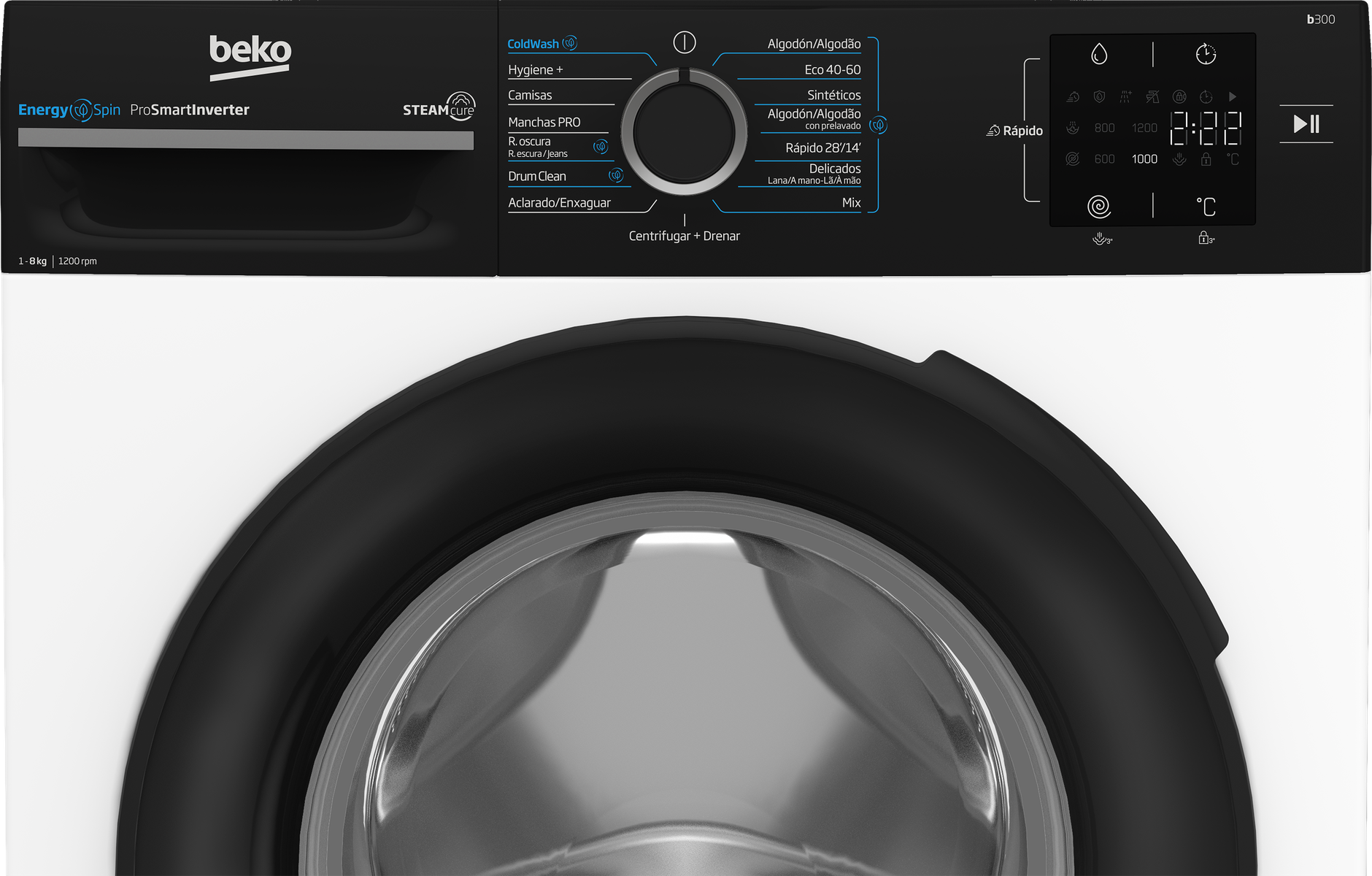 Pannello di controllo lavatrice con più pulsanti e un display digitale.