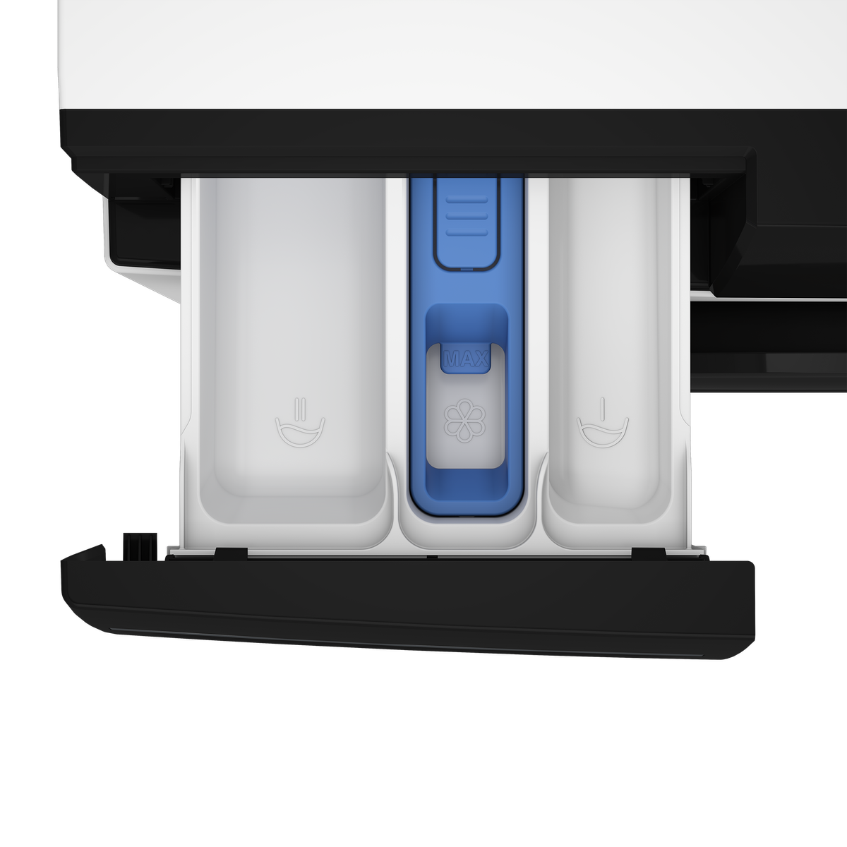 Zbliżenie szuflady na detergent pralki, pokazujące trzy przegródki. Niebieska sekcja pośrodku.